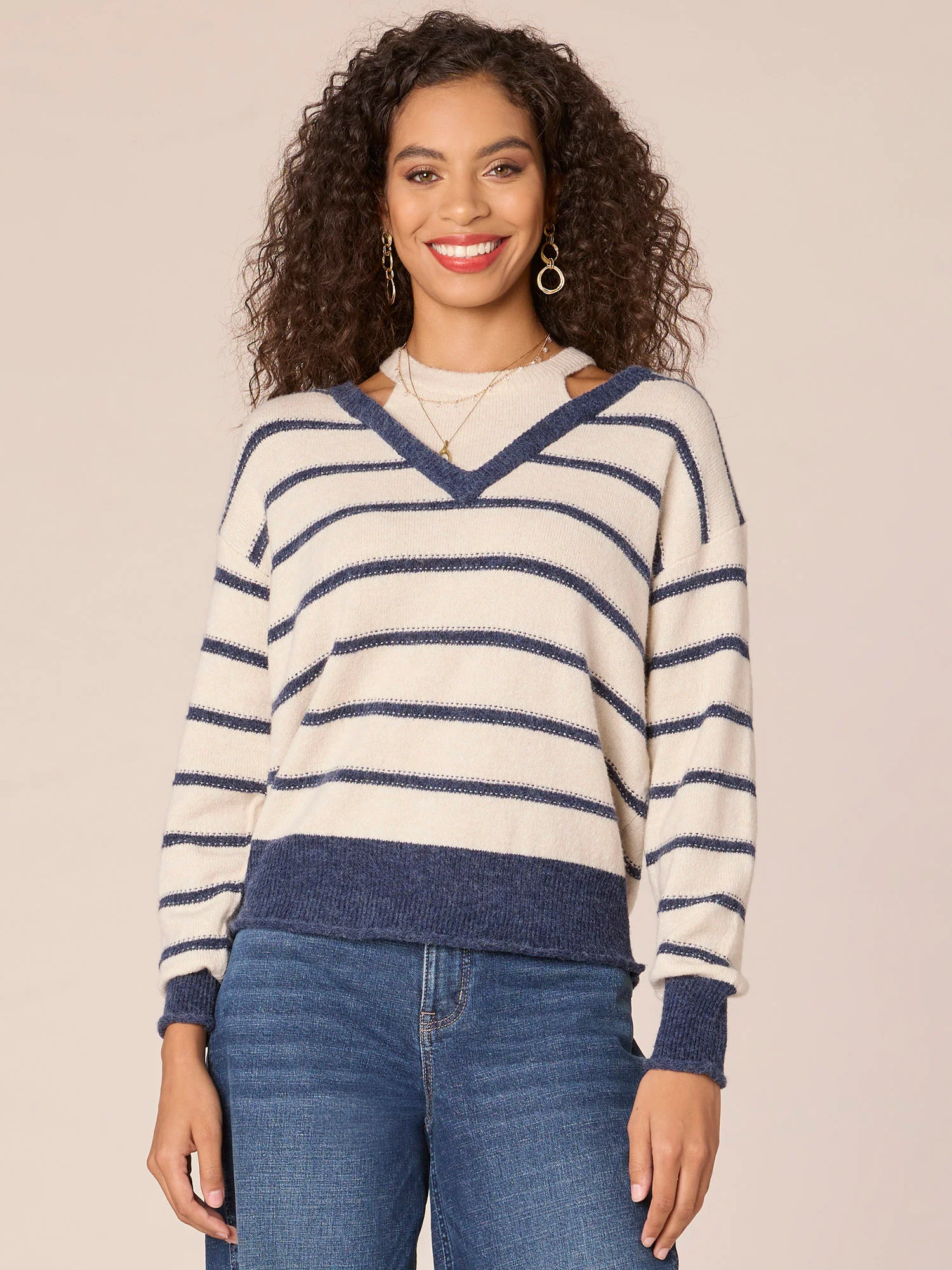 Long Sleeve Twofer V-Neck Novelty Stitch Stripe Sweater - Legahigh