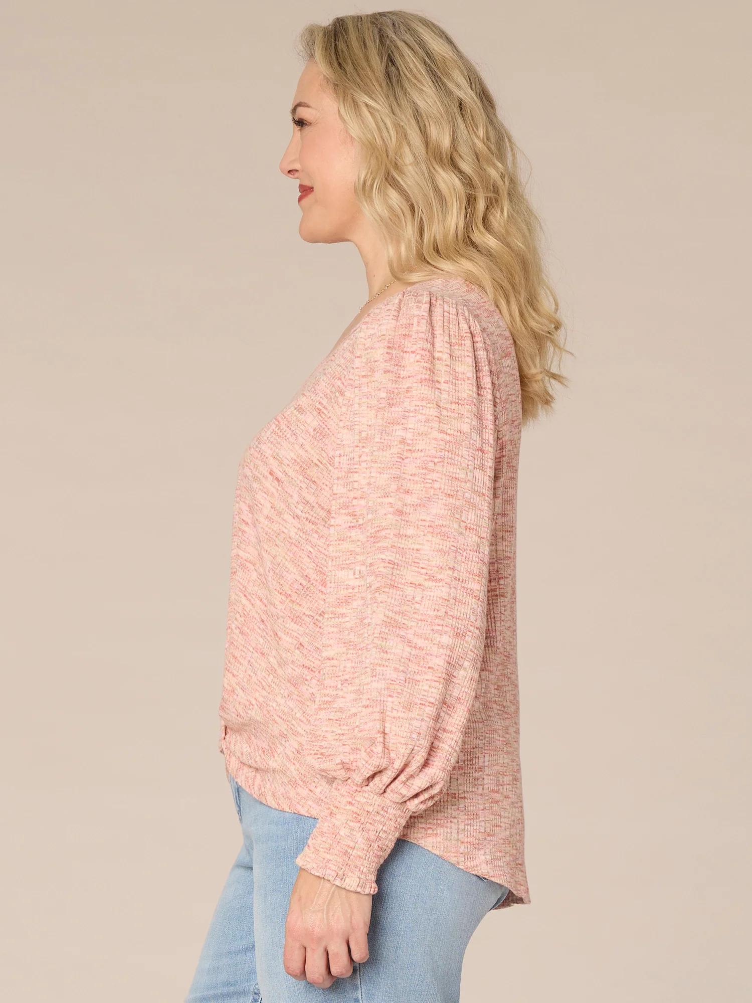 Long Puff Sleeve V-Neck Twisted Hem Plus Size Knit Top - Legahigh