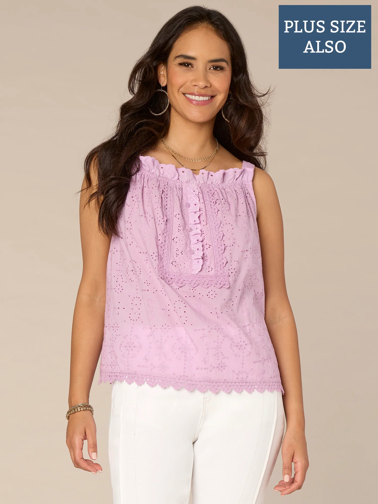 Ruffle Square Neck Embroidered Mixed Media Plus Size Woven Tank Top - Legahigh