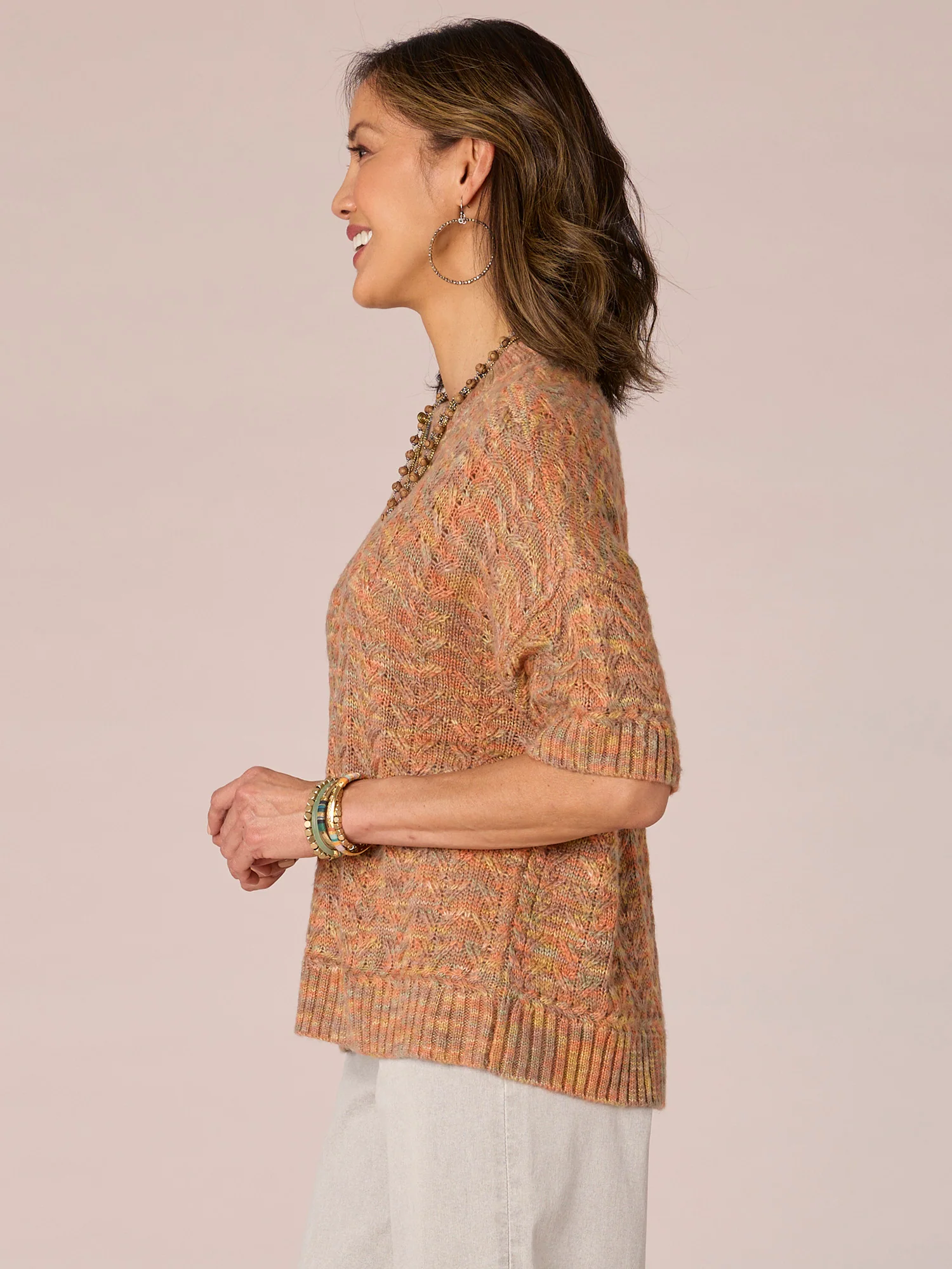 Elbow Dolman Sleeve Round Neck Space Dye Sweater - Legahigh