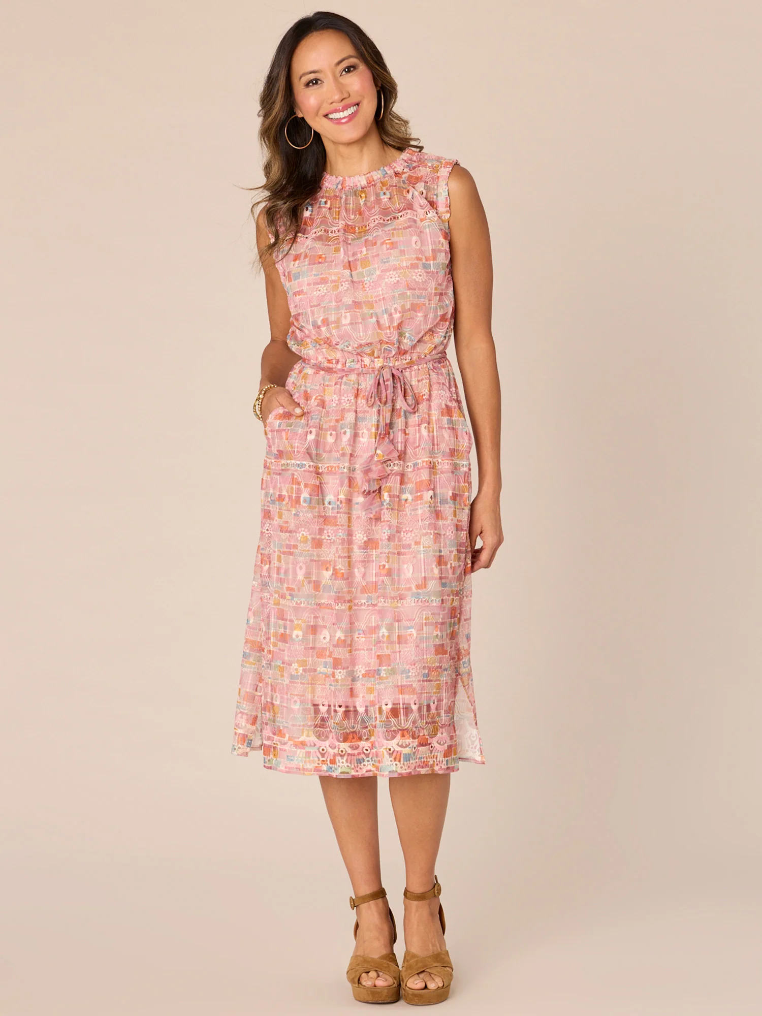 Sleeveless Round Neck Self Tie Waist Woven Dress with Pockets - Legahigh