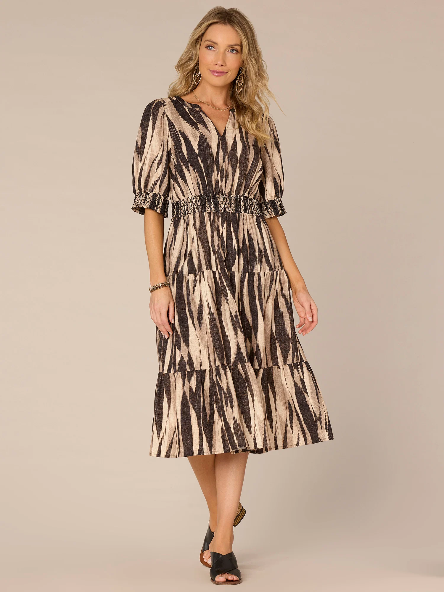 Elbow Sleeve Split Neck Cinched Three-Tier Printed Petite Woven Dress - Legahigh