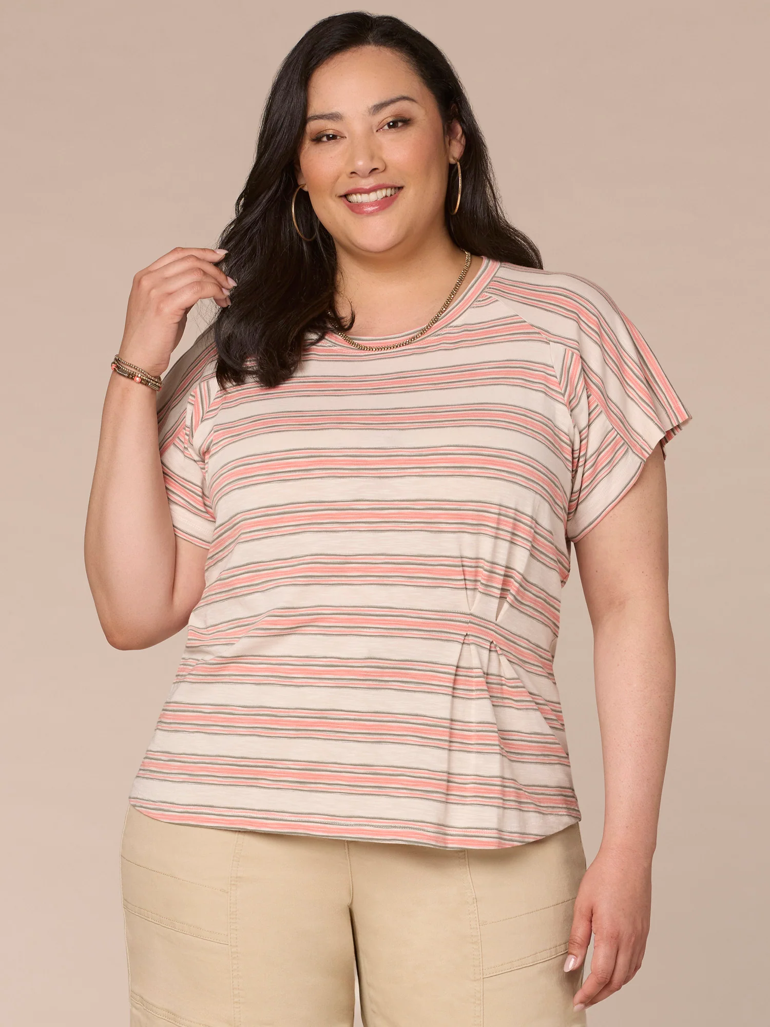 Short Sleeve Crew Neck Striped Pleated Plus Size Knit Top - Legahigh