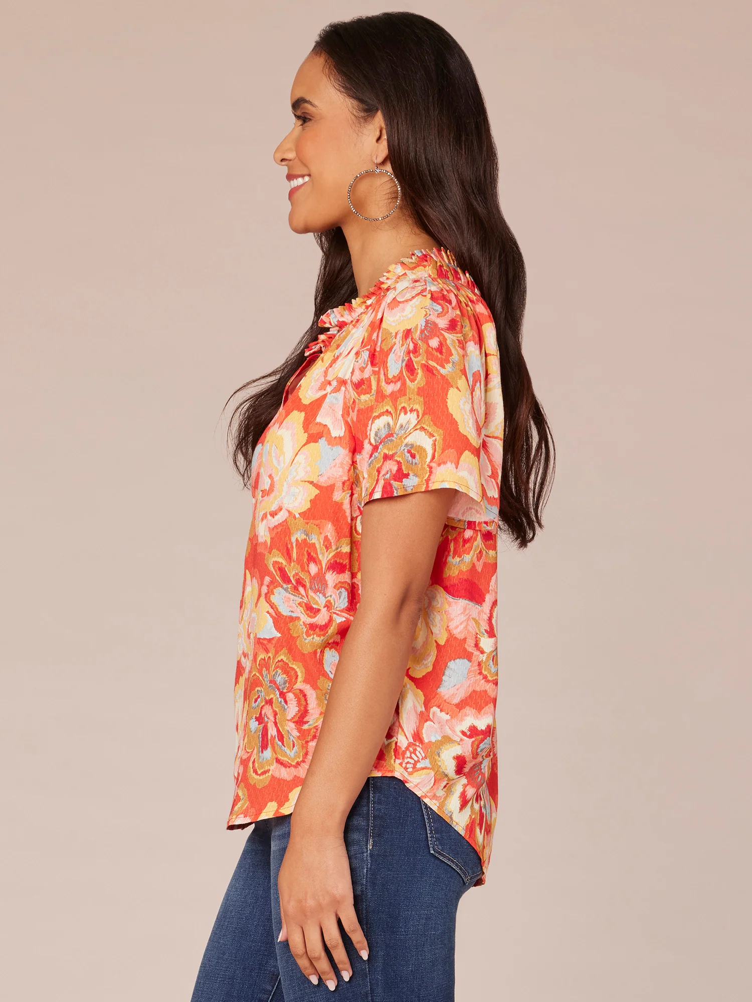 Petite Bell Sleeve V-Neck Half Button Front Floral Print Woven Top - Legahigh