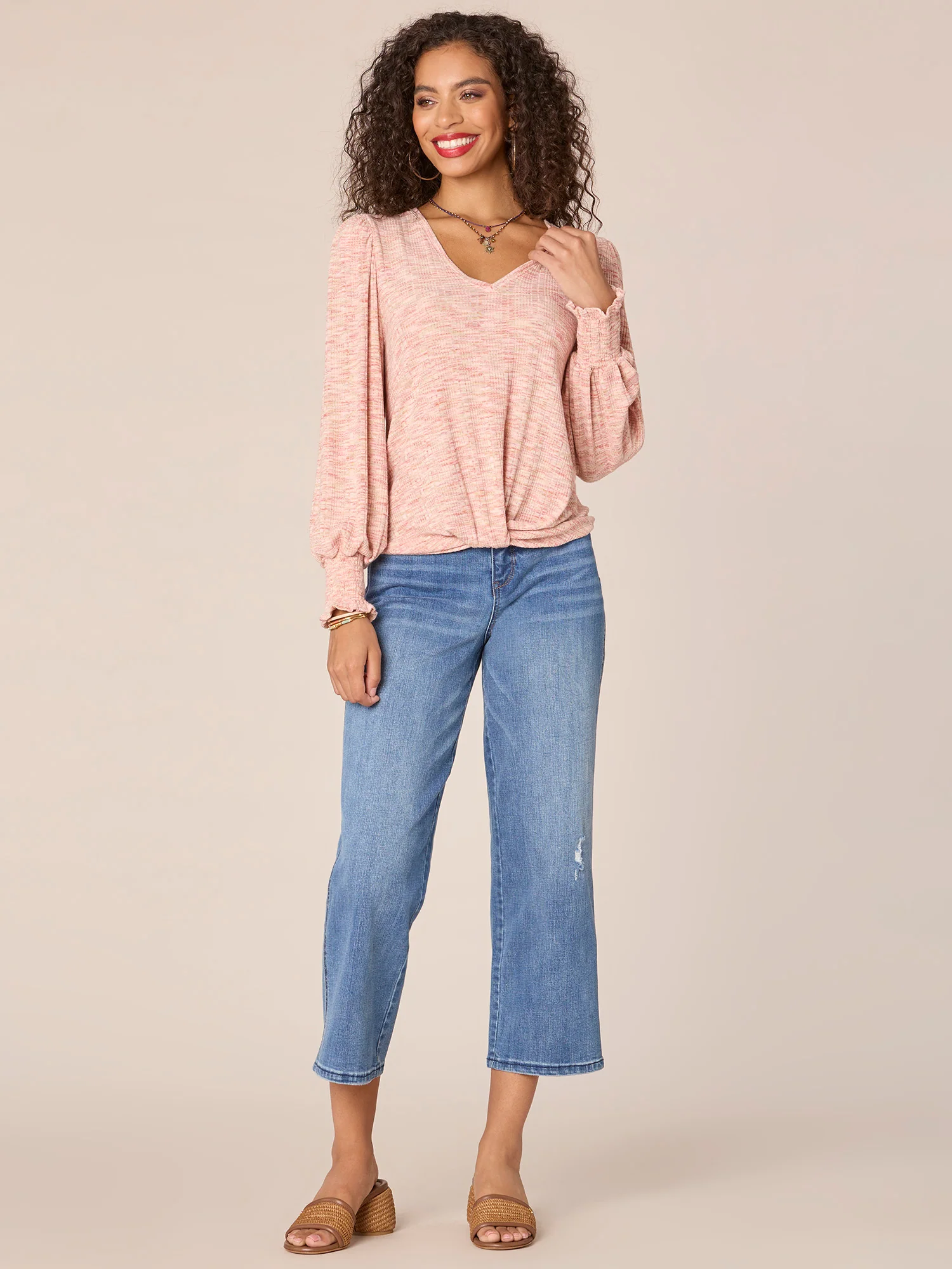 Long Smocked Sleeve V-Neck Twisted Front Hem Petite Knit Top - Legahigh