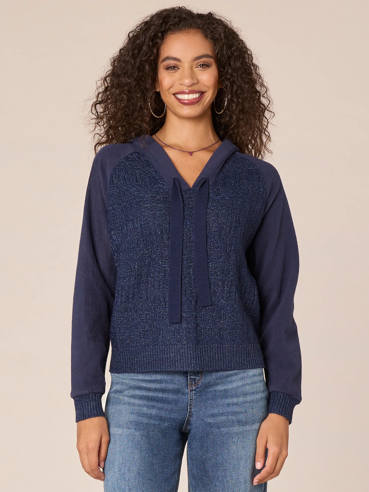 Long Sleeve V-Neck Mixed Media Metallic Sweater Hoodie with Tie - Legahigh