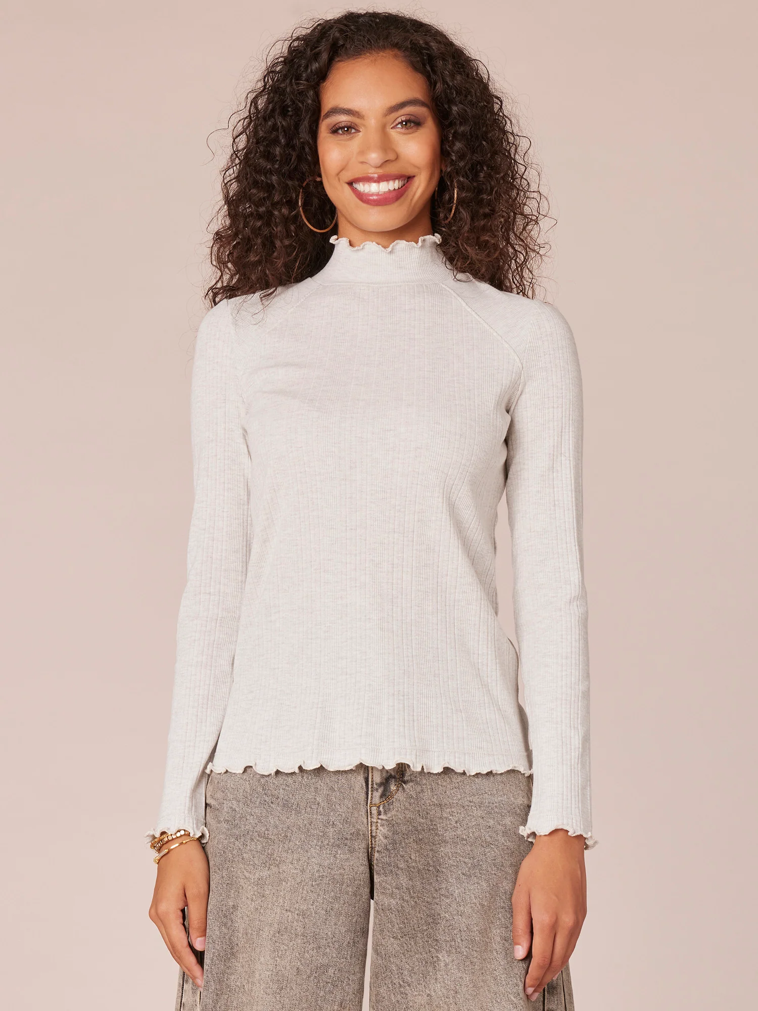 Long Raglan Sleeve Mock Neck Mixed Media Lettuce Edge Knit Top - Legahigh