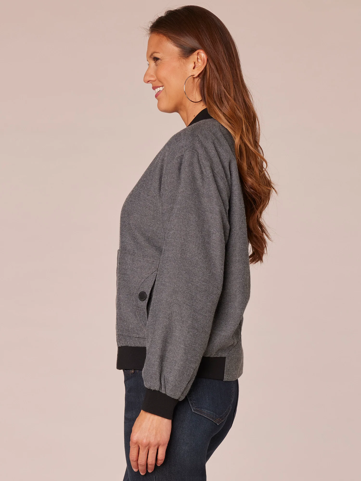 Long Sleeve Zip Front Bomber Jacket with Side Entry Patch Pockets - Legahigh