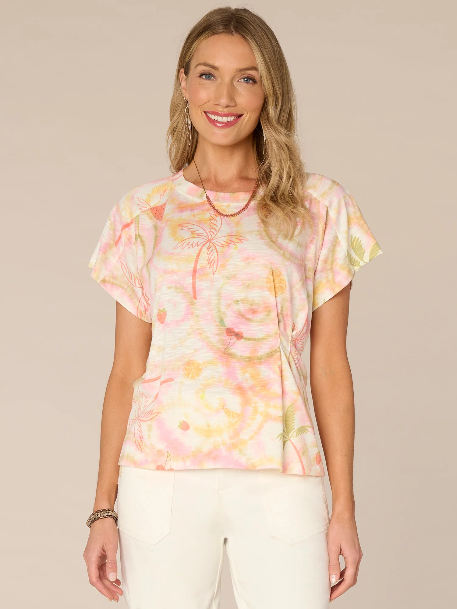 Short Sleeve Scoop Neck Side Pleat Placement Print Knit Boyfriend Tee - Legahigh