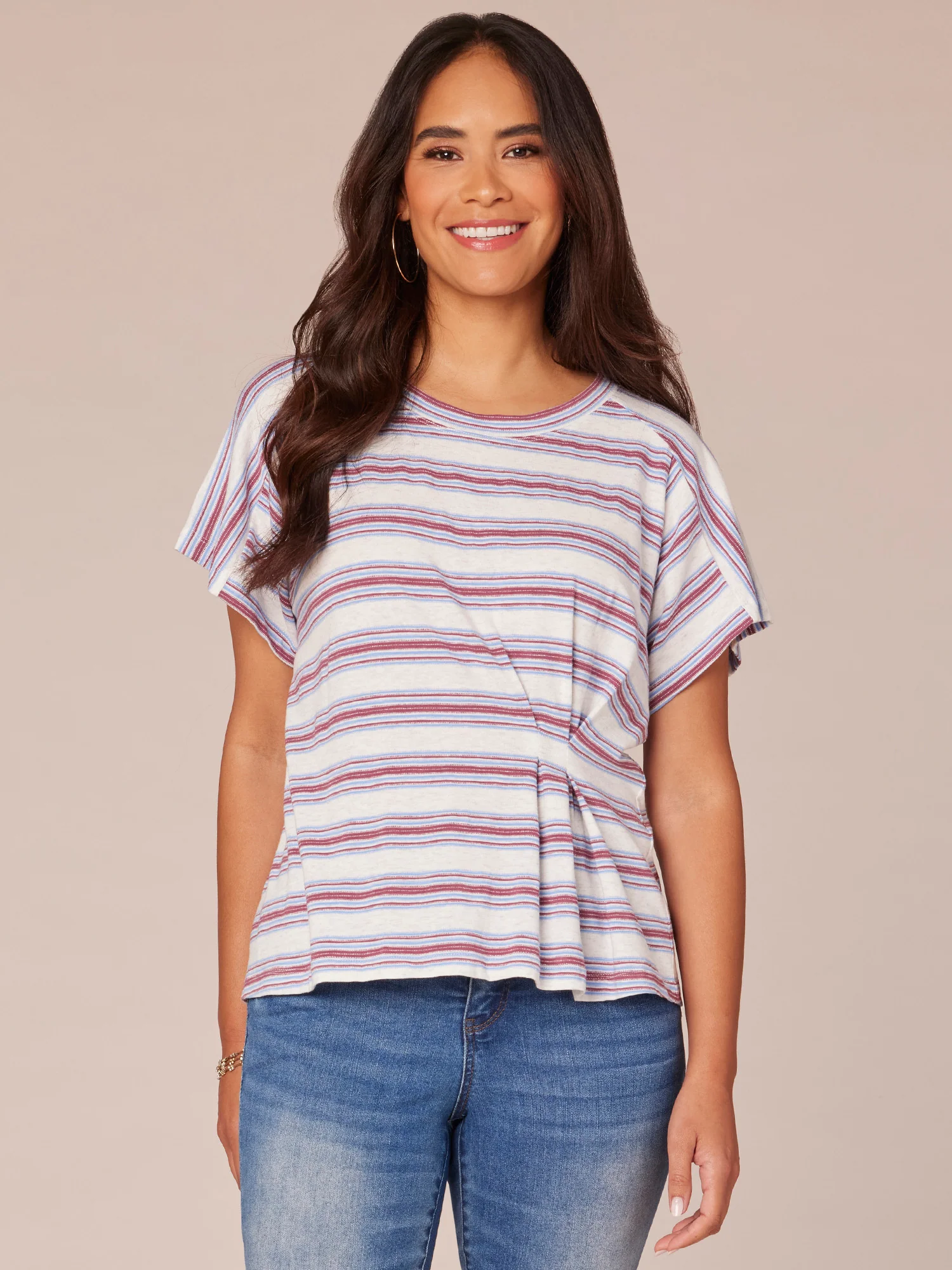 Short Sleeve Crew Neck Side Pleat Stripe Print Knit Top - Legahigh