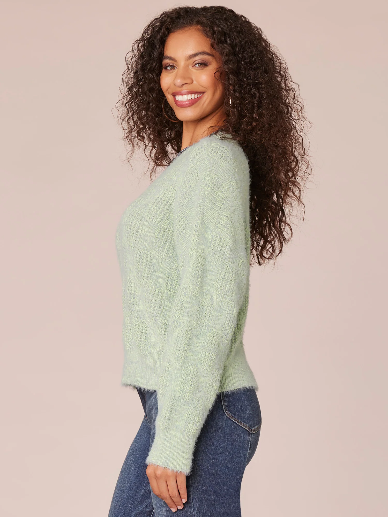 Drop Shoulder Sleeve Double V-Neck Two Tone Petite Eyelash Sweater - Legahigh