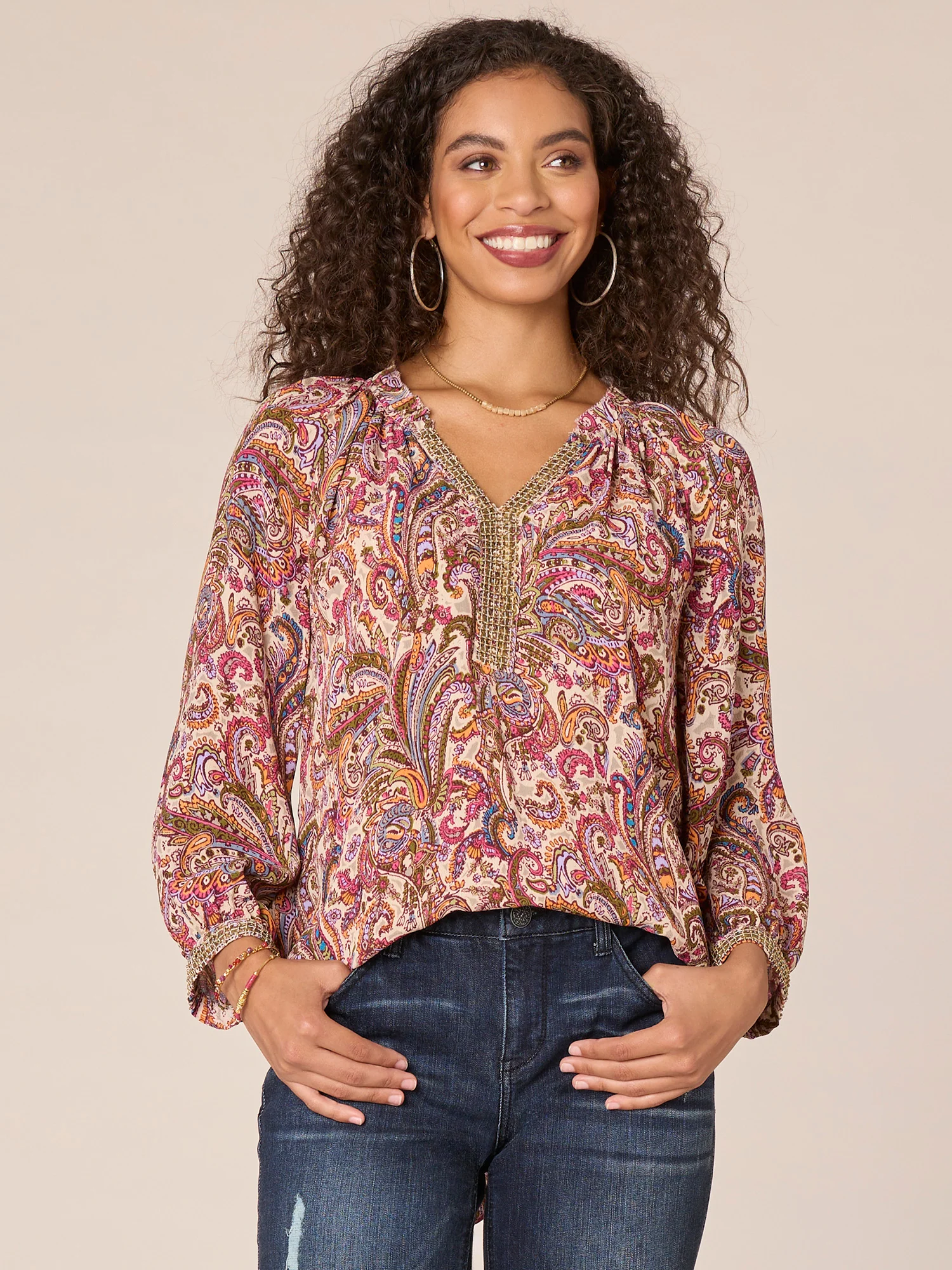 Blouson Sleeve Ruffle Edge V-Neck Beaded Printed Petite Woven Top - Legahigh