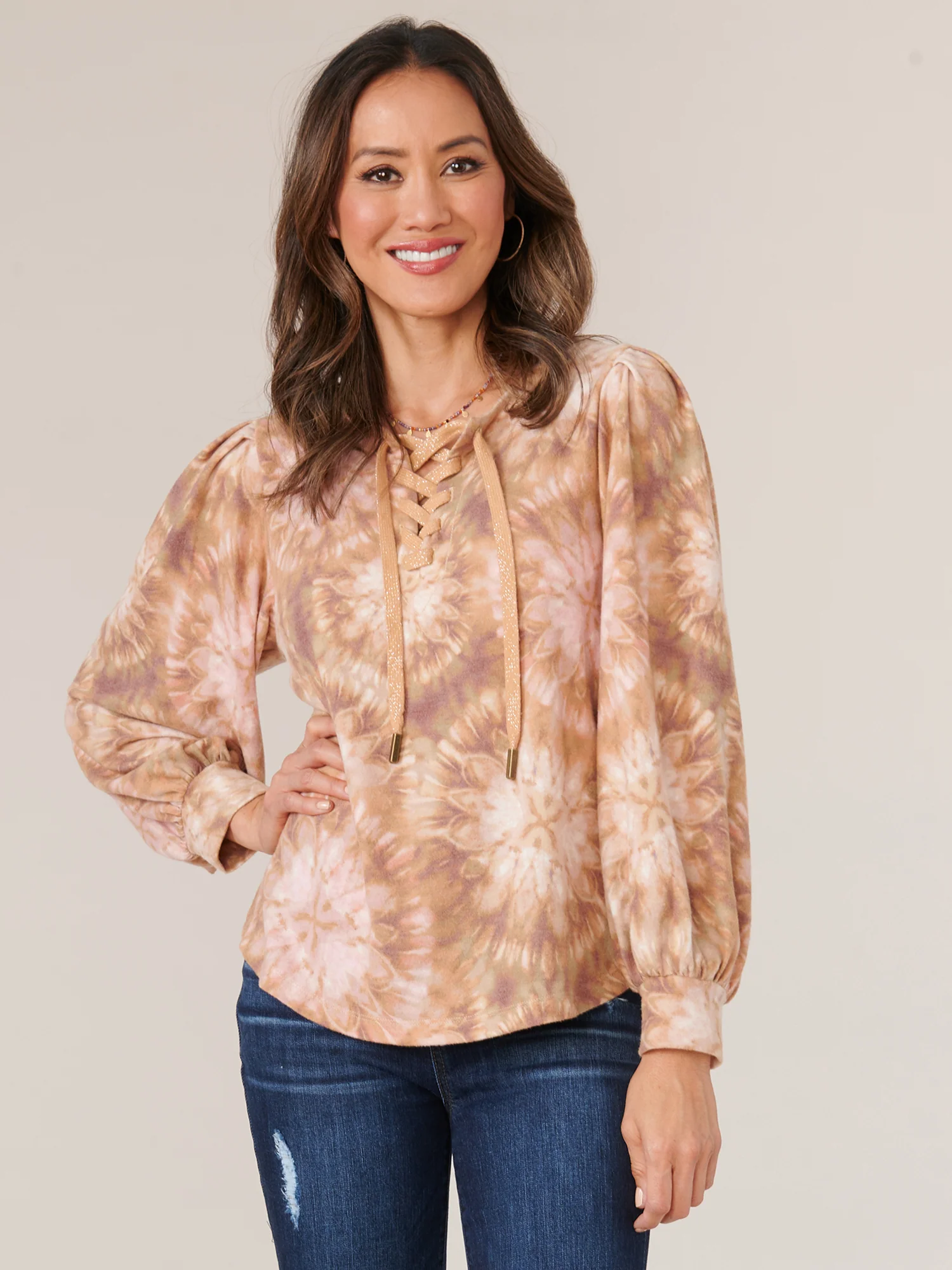 Long Blouson Sleeve Lace Up Scoop Neck Printed Knit Top - Legahigh