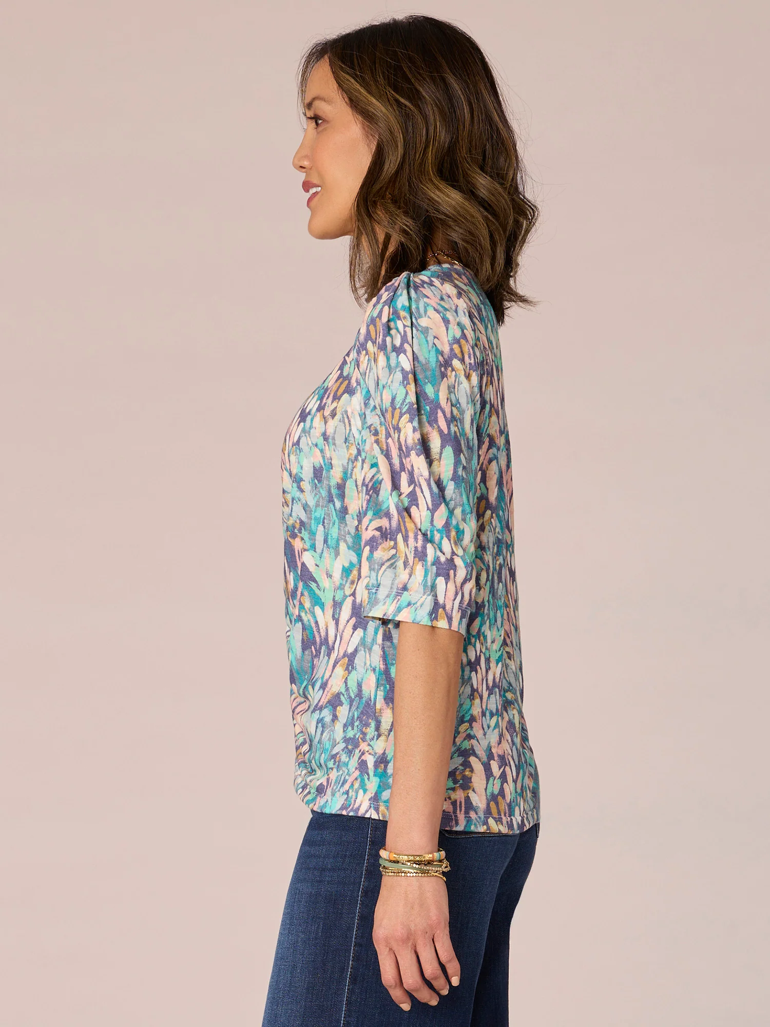 Elbow Puff Sleeve V-Neck Ruched Front Abstract Print Knit Top - Legahigh