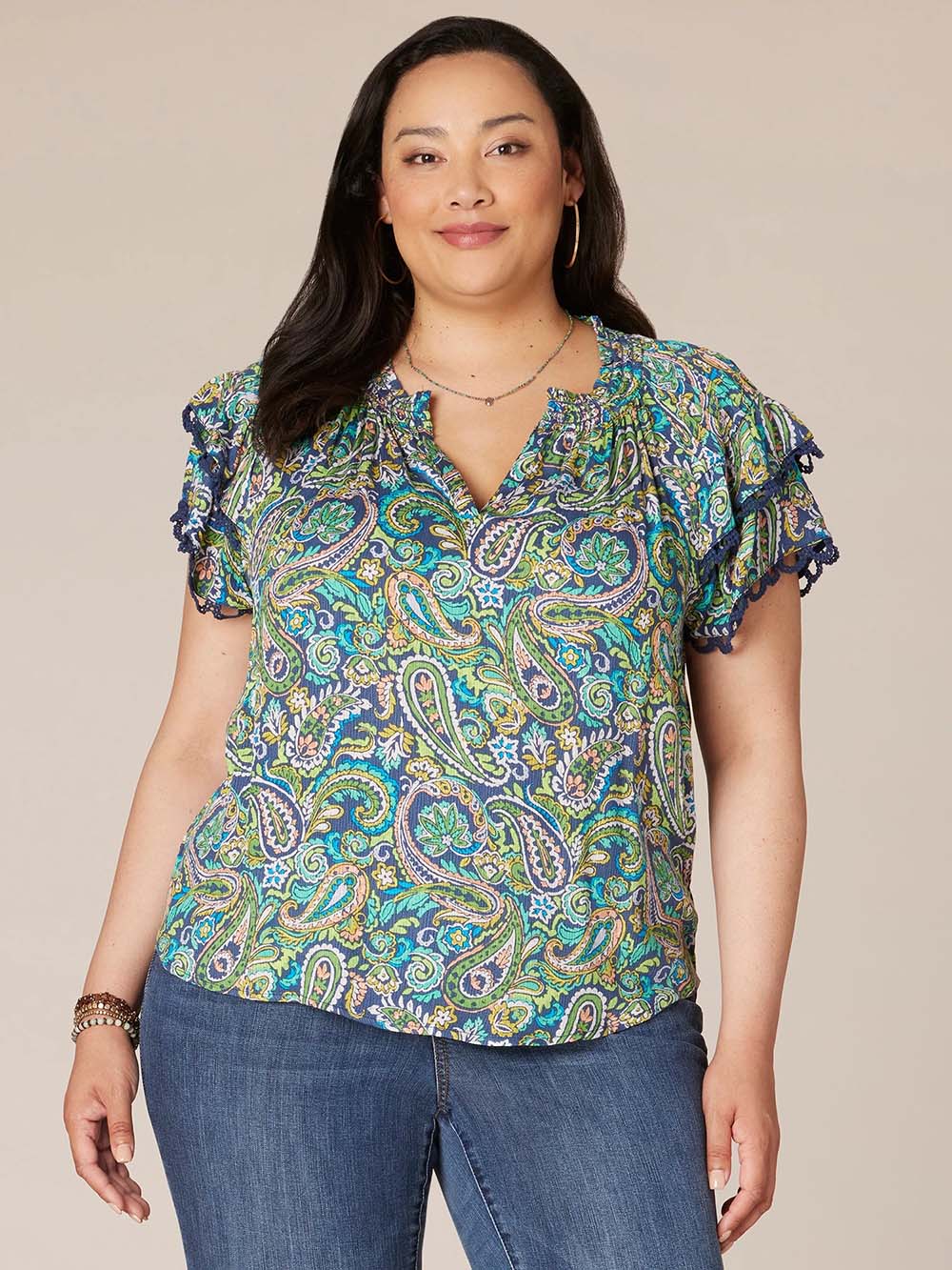 Double Flounce Sleeve V-Neck Paisley Printed Plus Size Woven Top - Legahigh