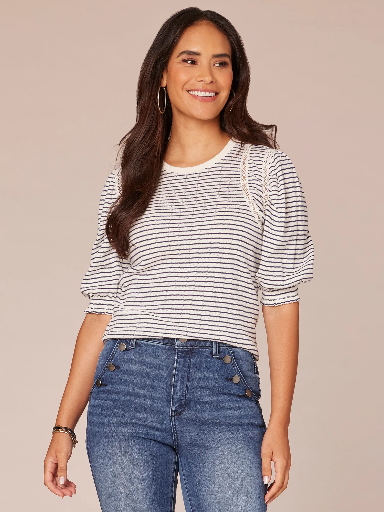 Elbow Puff Sleeve Crew Neck Striped Crochet Petite Knit Top - Legahigh