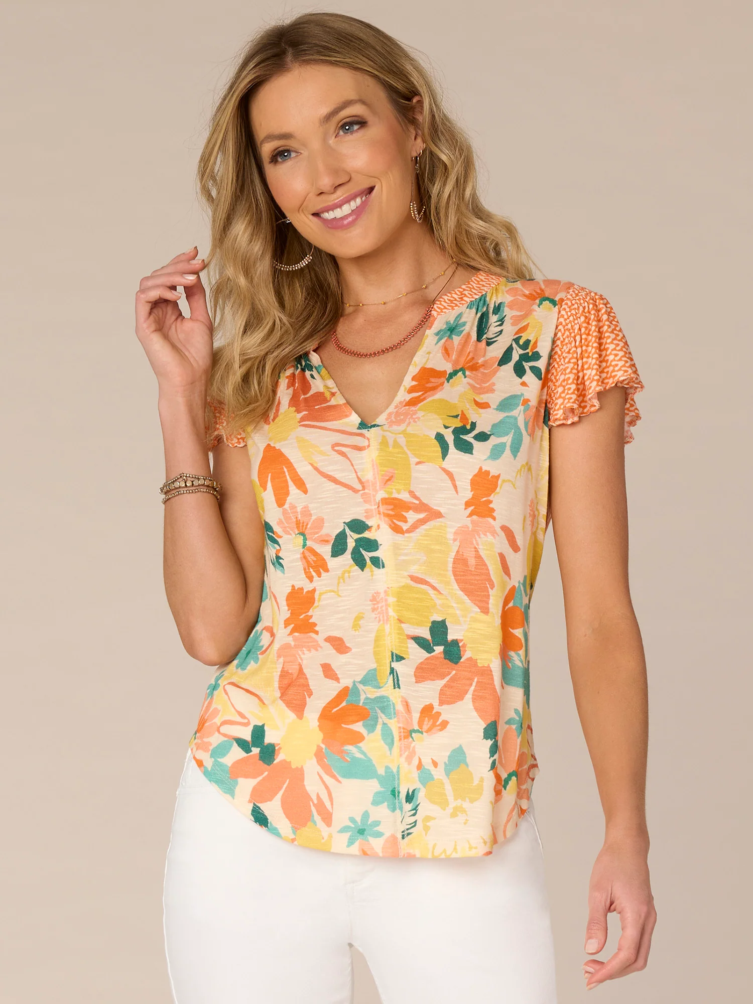 Short Flutter Sleeve Mandarin Collar V-Neck Floral Print Knit Top - Legahigh