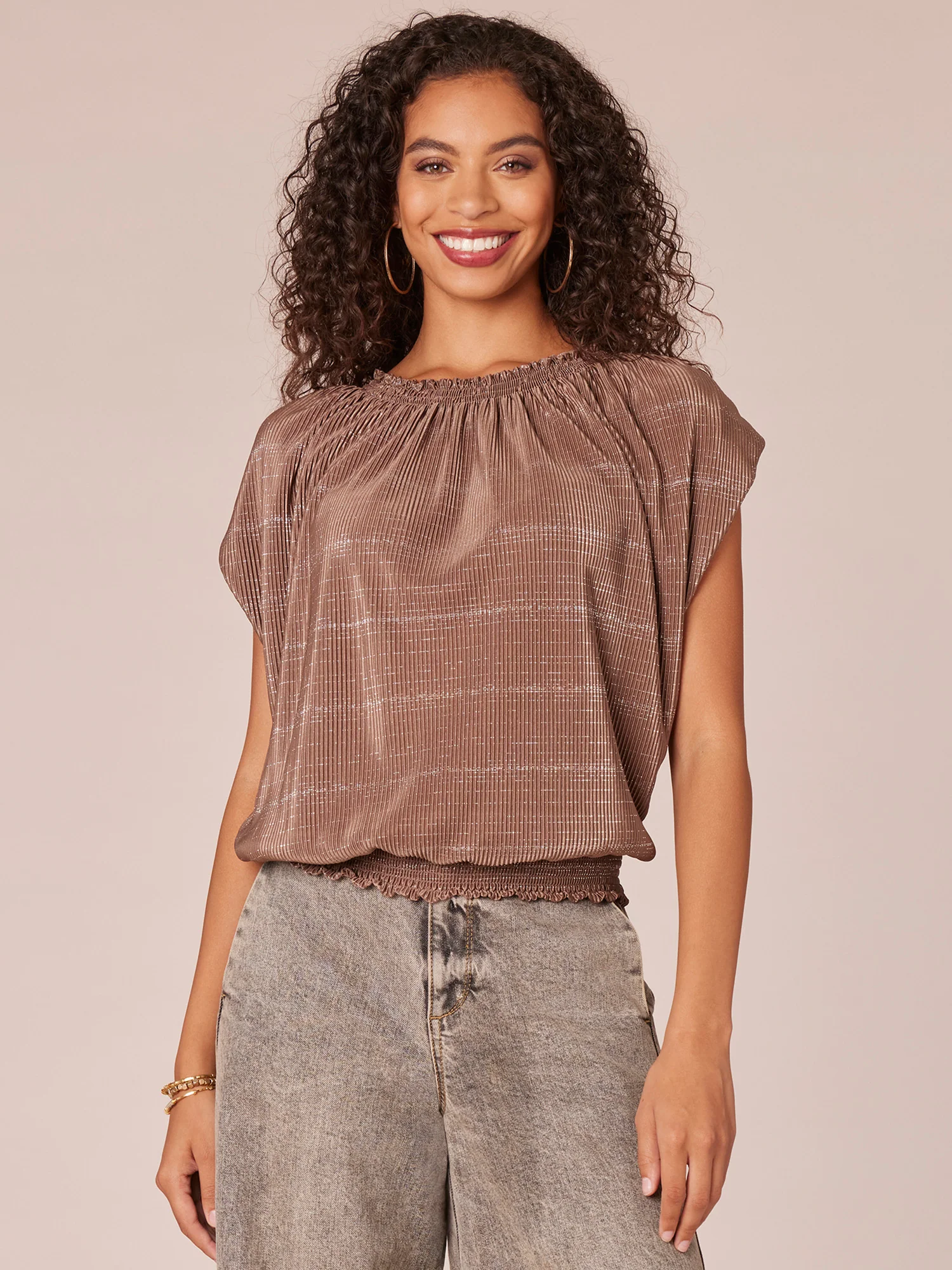 Extended Cap Sleeve Smocked Crew Neck Stripe Print Knit Top - Legahigh