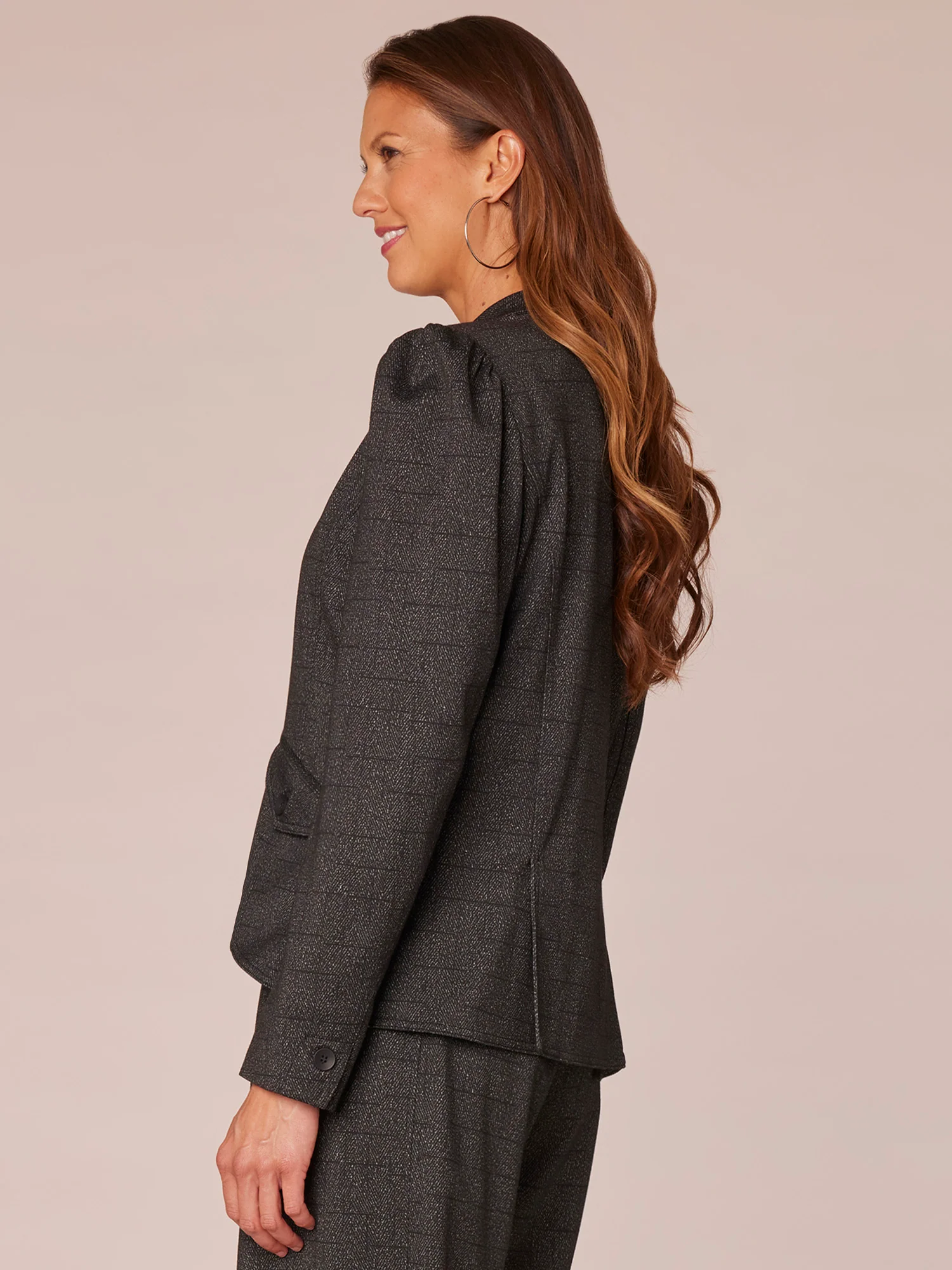 Long Sleeve Puff Shoulder Single Button Woven Blazer with Flap Pockets - Legahigh