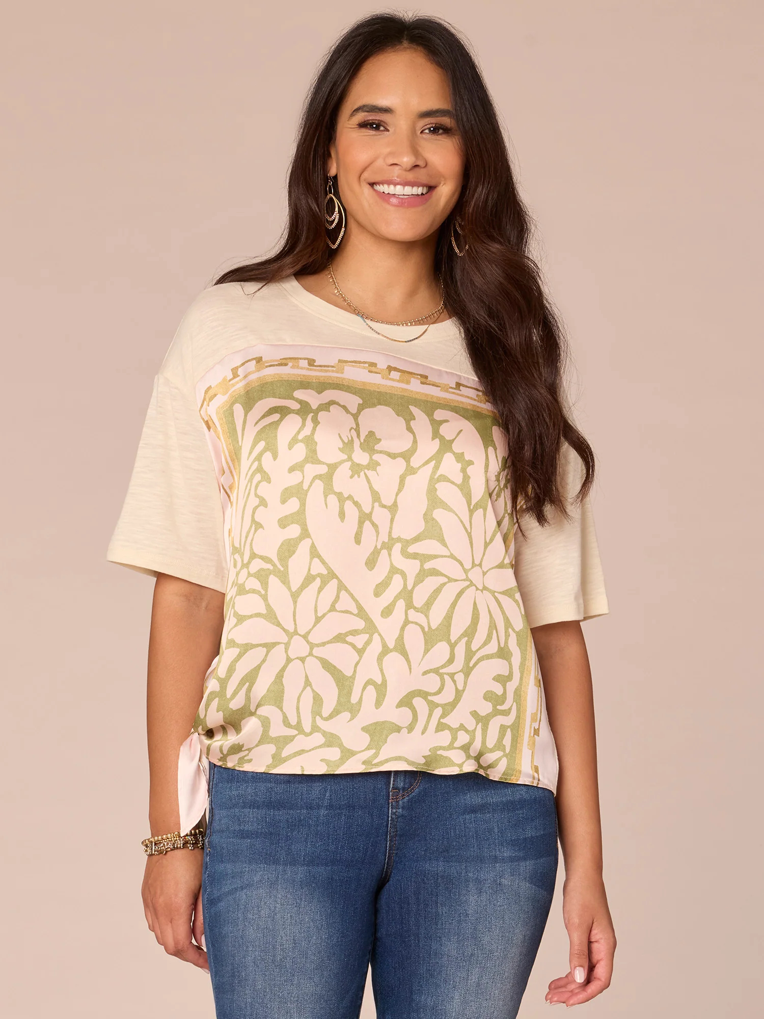 Elbow Sleeve Scoop Neck Side Tie Placement Print Mixed Media Knit Top - Legahigh