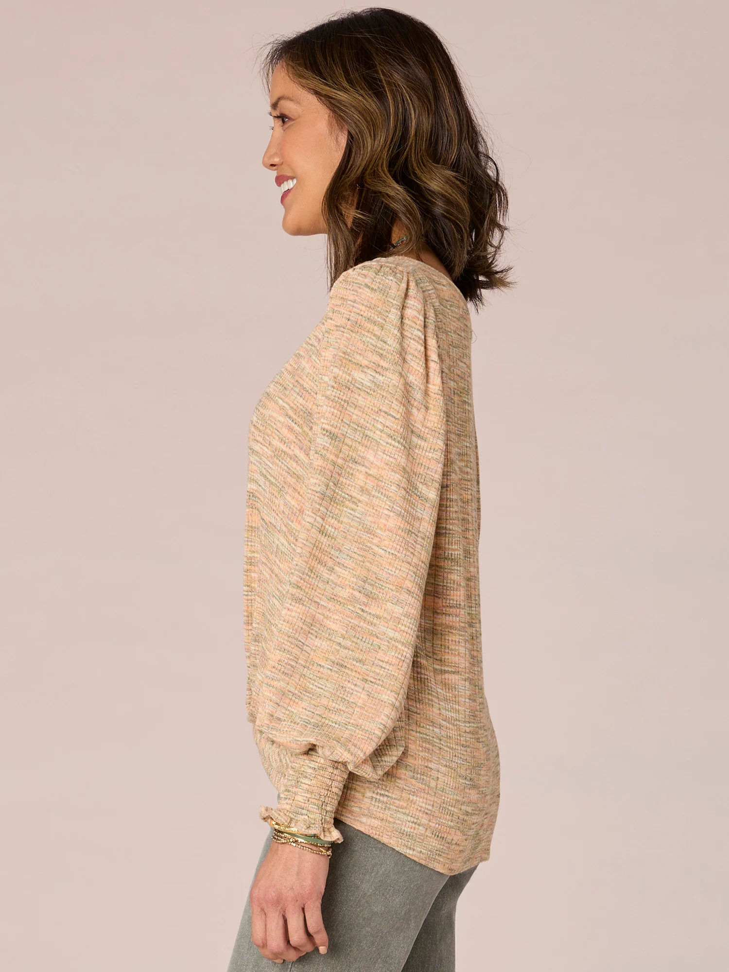 Smocked Blouson Sleeve V-Neck Twist Hem Space Dye Petite Knit Top - Legahigh