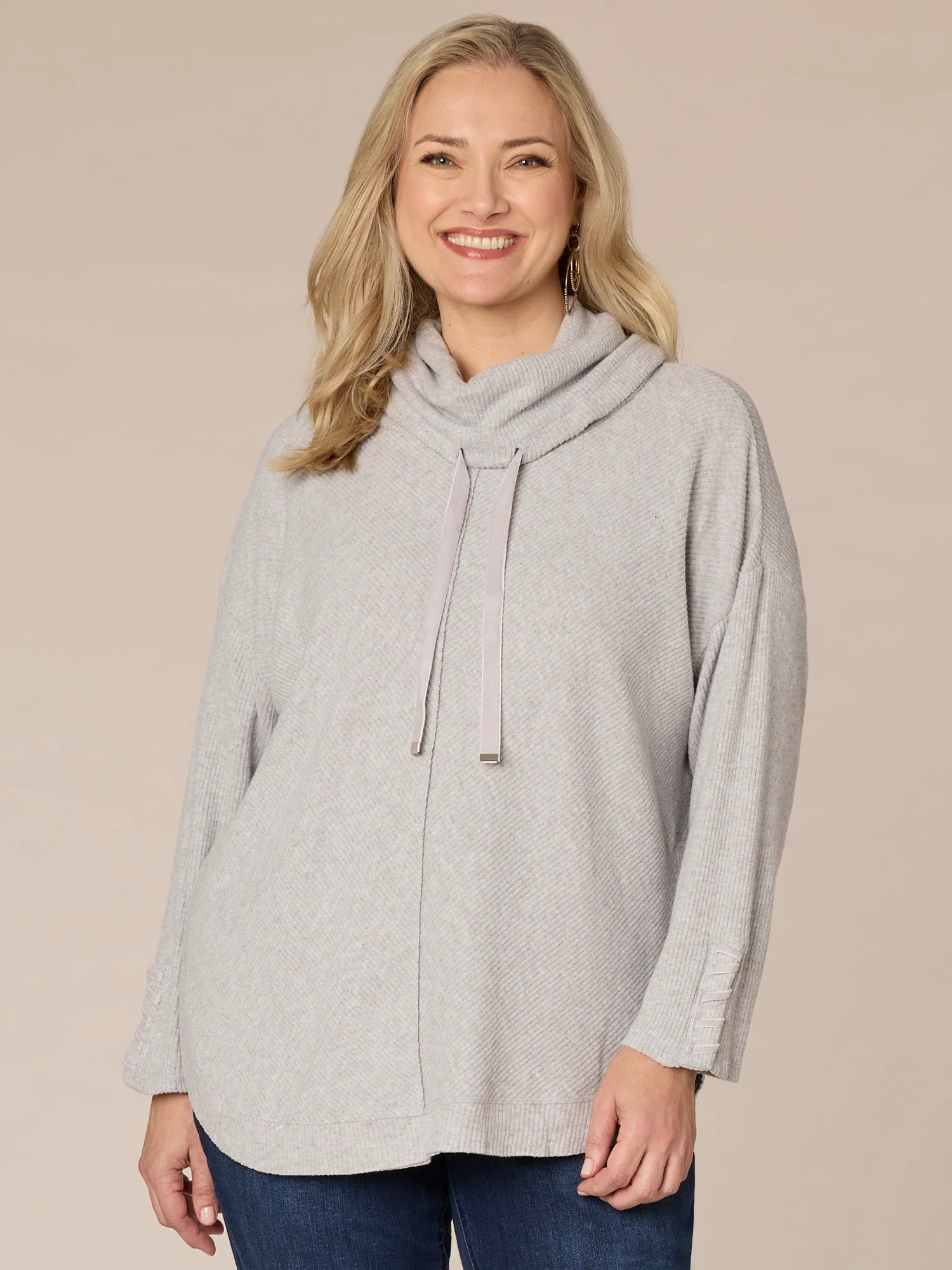 Long Sleeve Cowl Neck Mitered Front Plus Size Knit Tunic with Ties - Legahigh