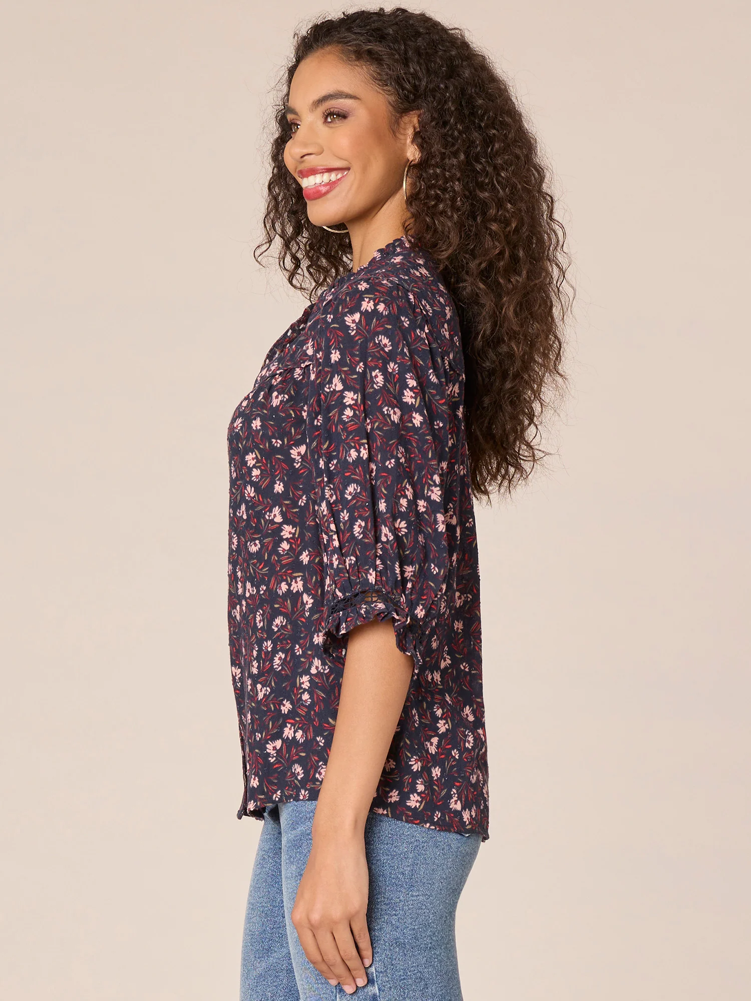 Lantern Sleeve V-Neck Crochet Inset Floral Print Petite Woven Top - Legahigh