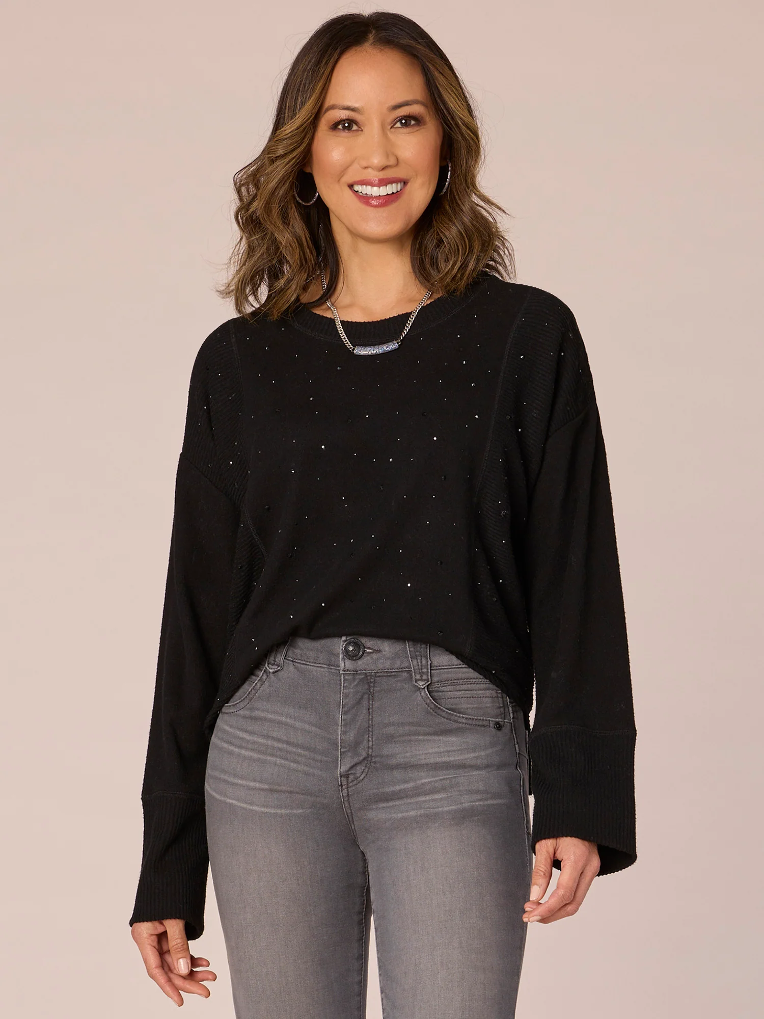 Long Straight Sleeve Scoop Neck Rhinestone Mixed Media Knit Top - Legahigh