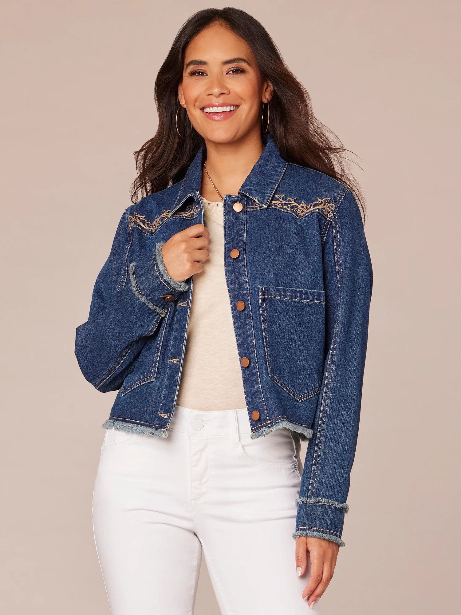 Long Sleeve Fray Cuff Button Front Denim Jacket with Embroidered Yoke - Legahigh