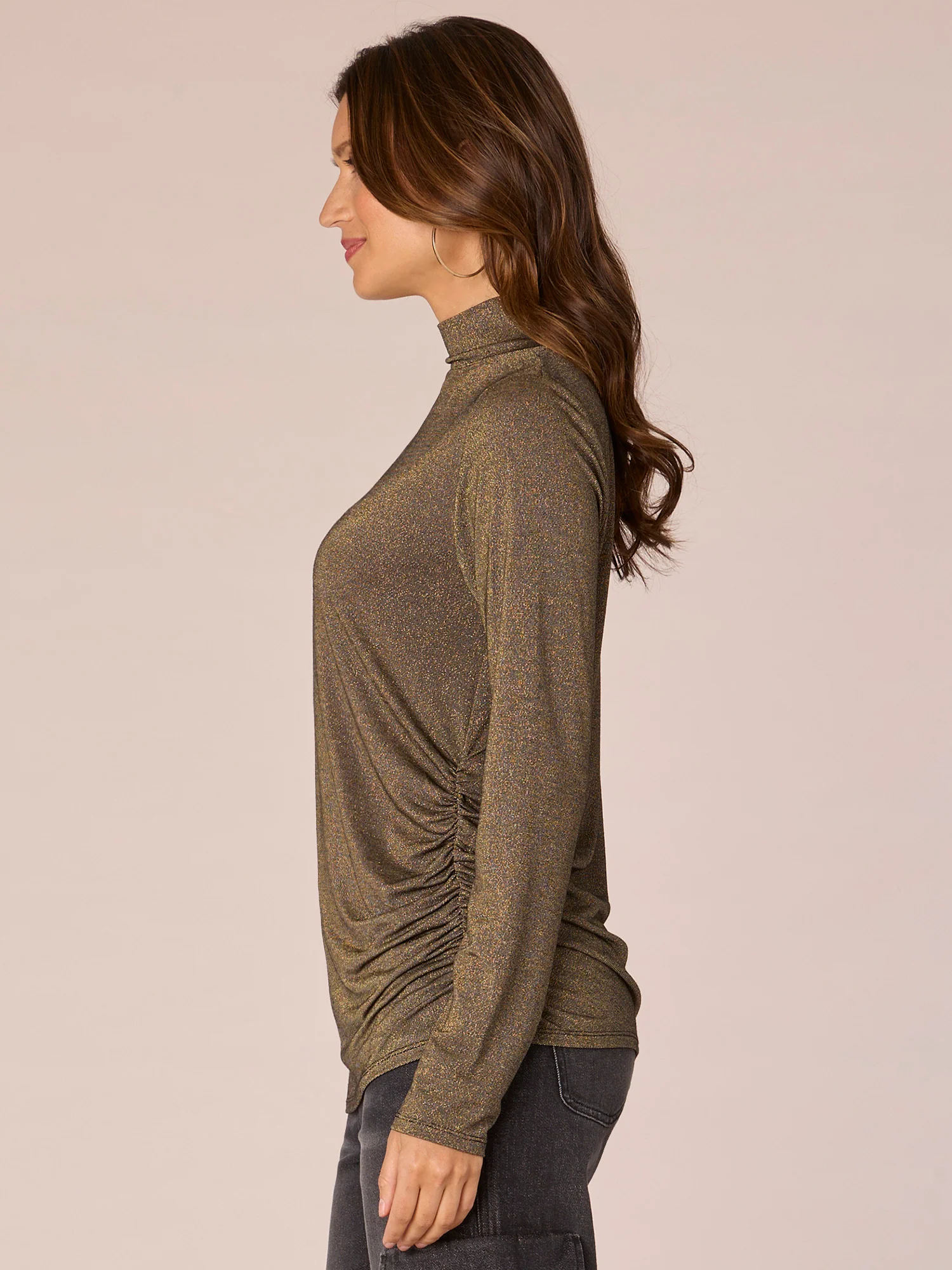 Long Sleeve Mock Neck Asymmetrical Ruching Detail Knit Top - Legahigh