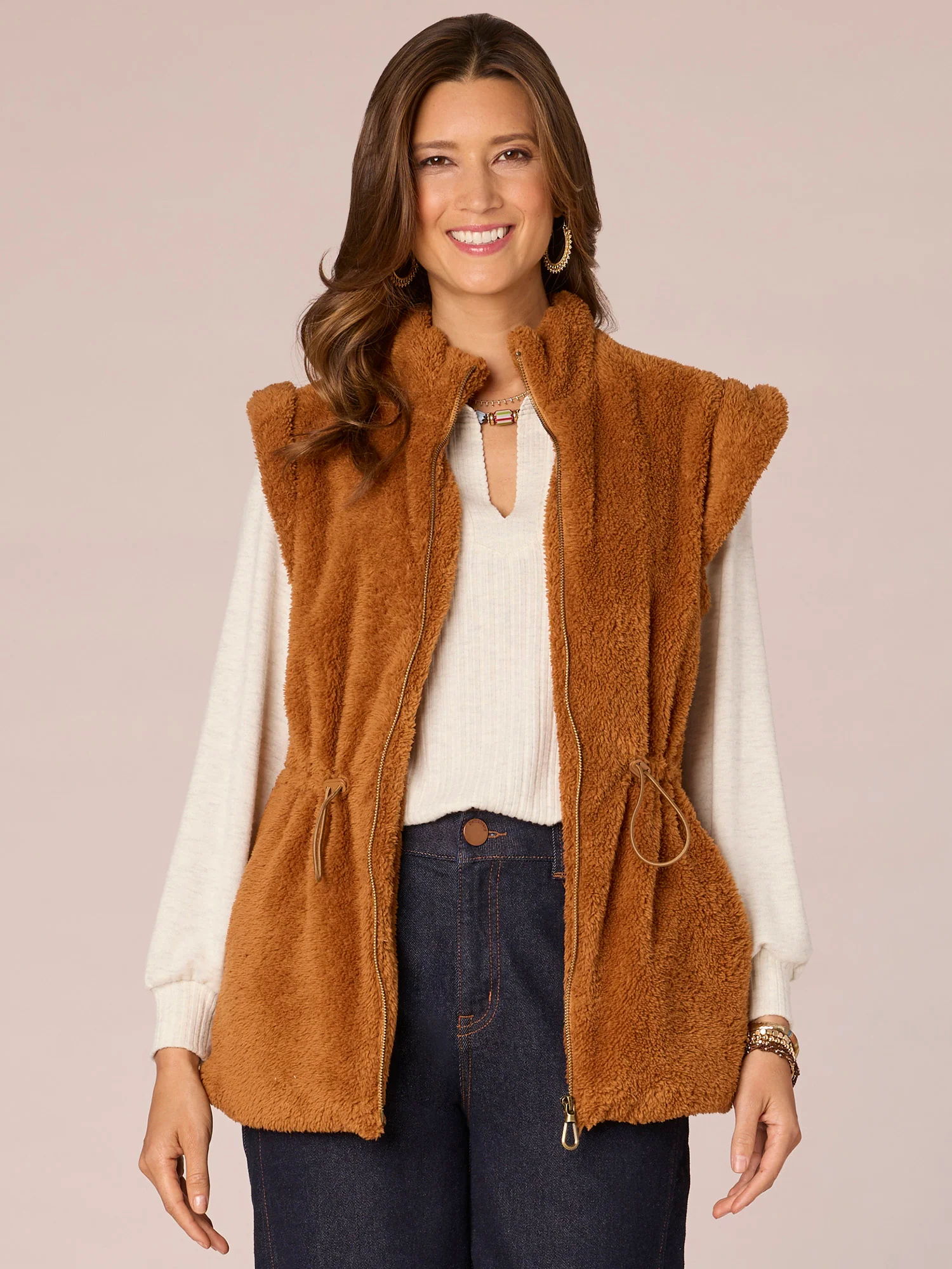 Flange Shoulder Stand Collar Zip Front Drawstring Waist Fur Vest - Legahigh