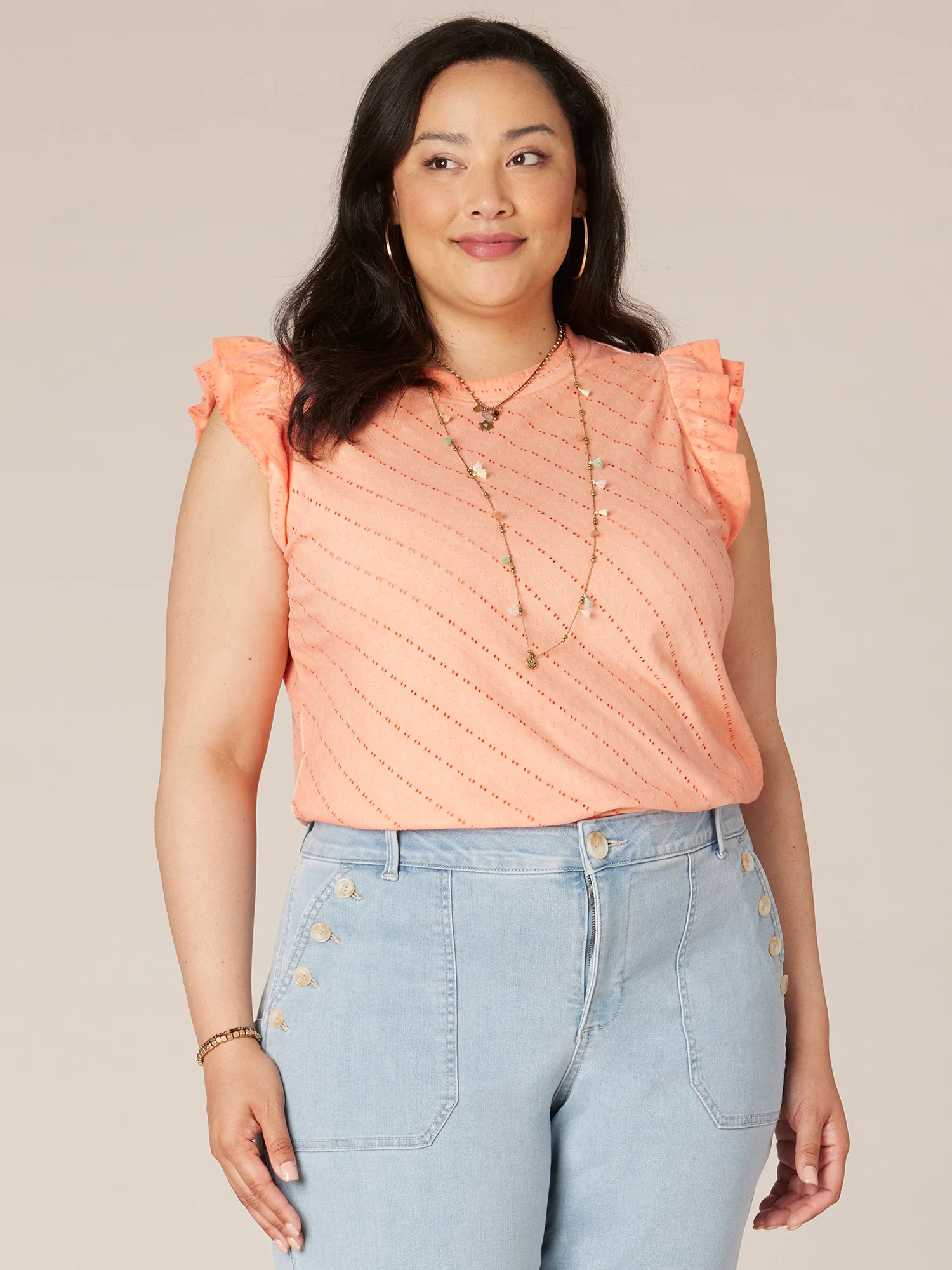 Double Ruffle Cap Sleeve Crew Neck Surplus Hem Plus Size Knit Top - Legahigh