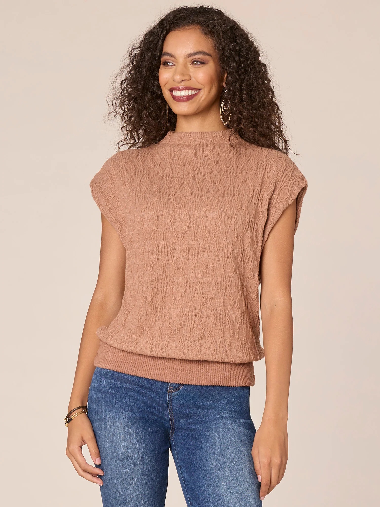 Extended Cap Sleeve Mock Neck Ruched Side Banded Hem Knit Top - Legahigh