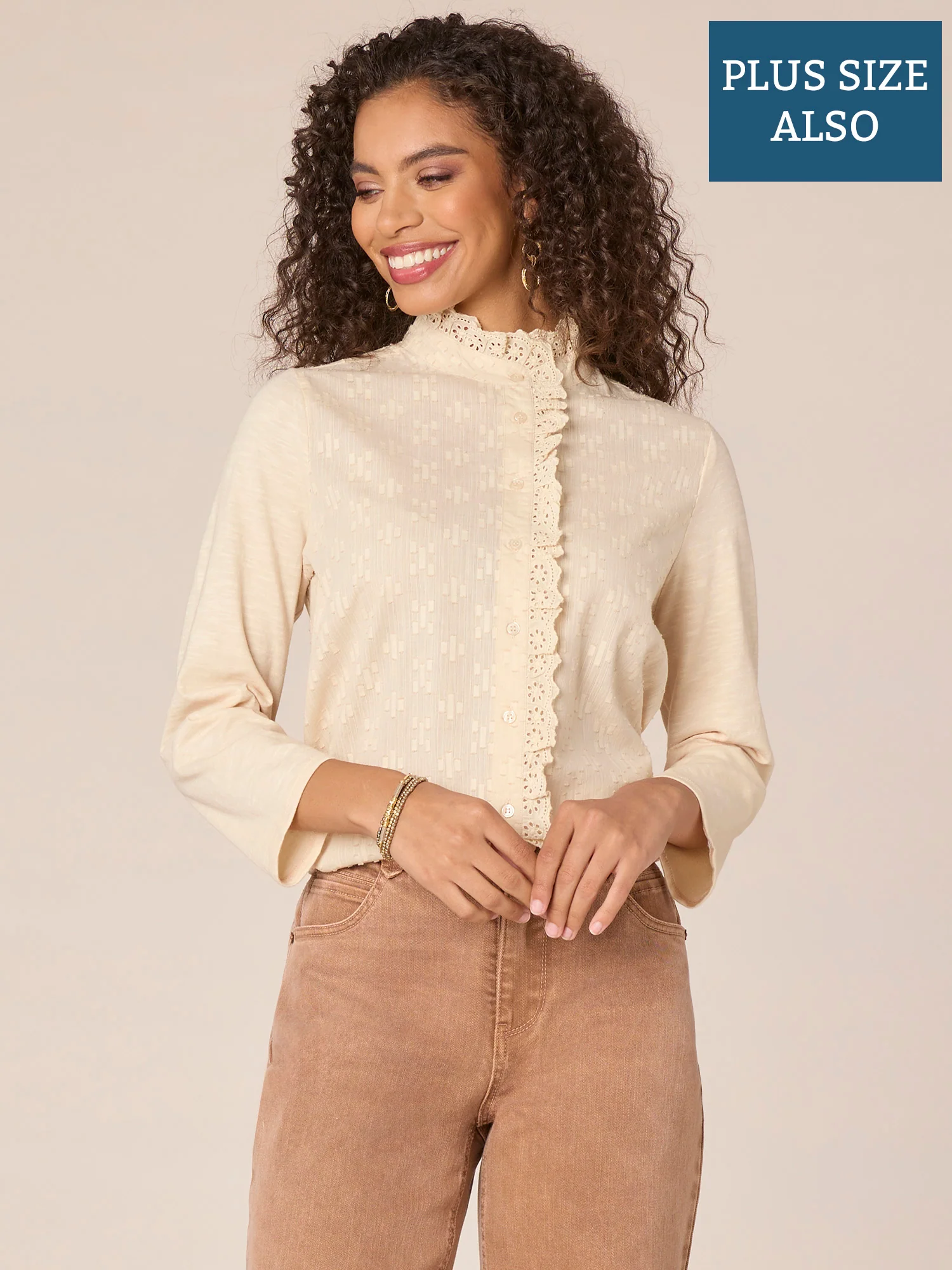 Three Quarter Sleeve Ruffle Button Down Placket Plus Size Woven Shirt - Legahigh