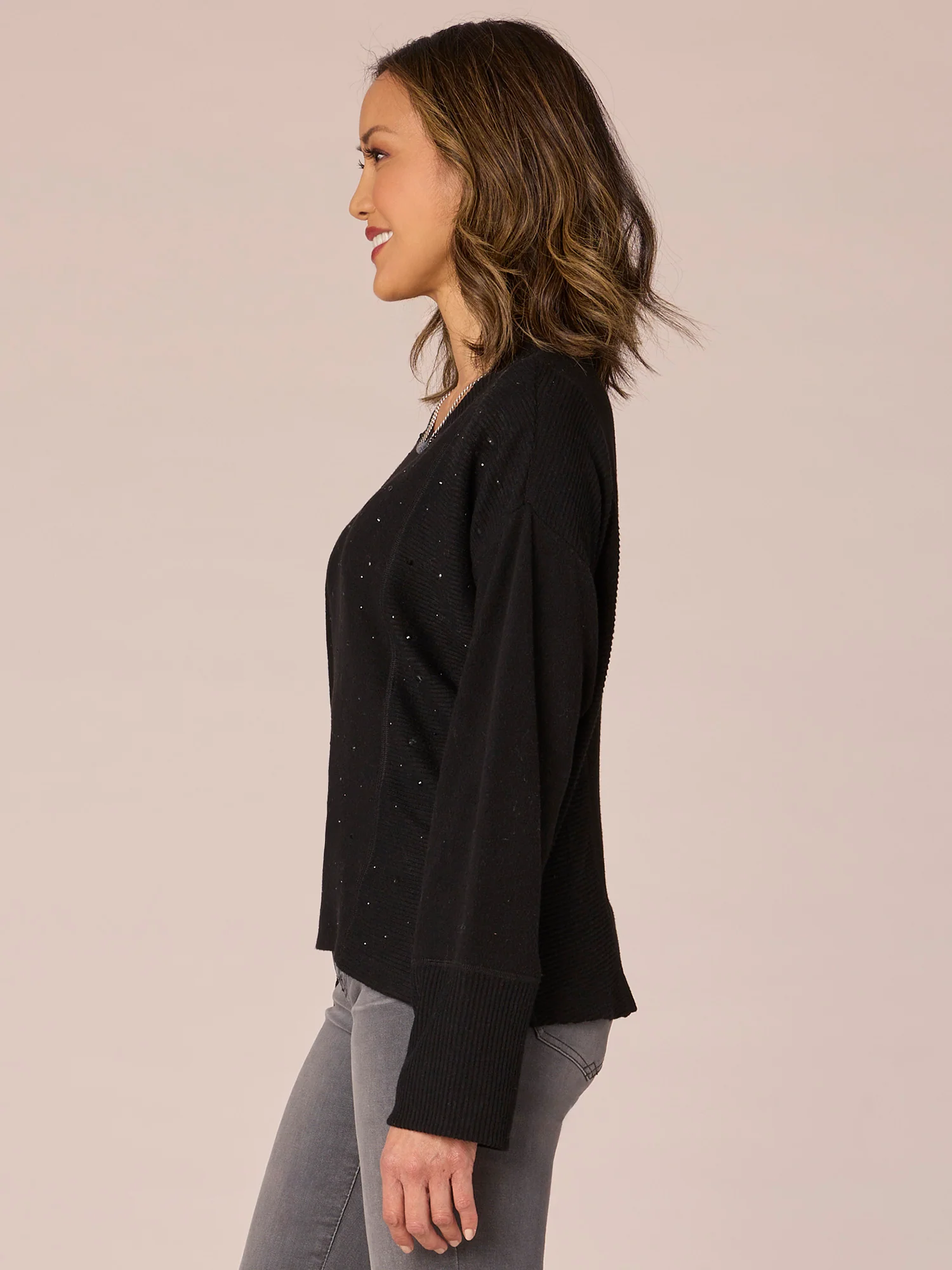 Straight Sleeve Scoop Neck Rhinestone Detail Hi-Low Petite Knit Top - Legahigh