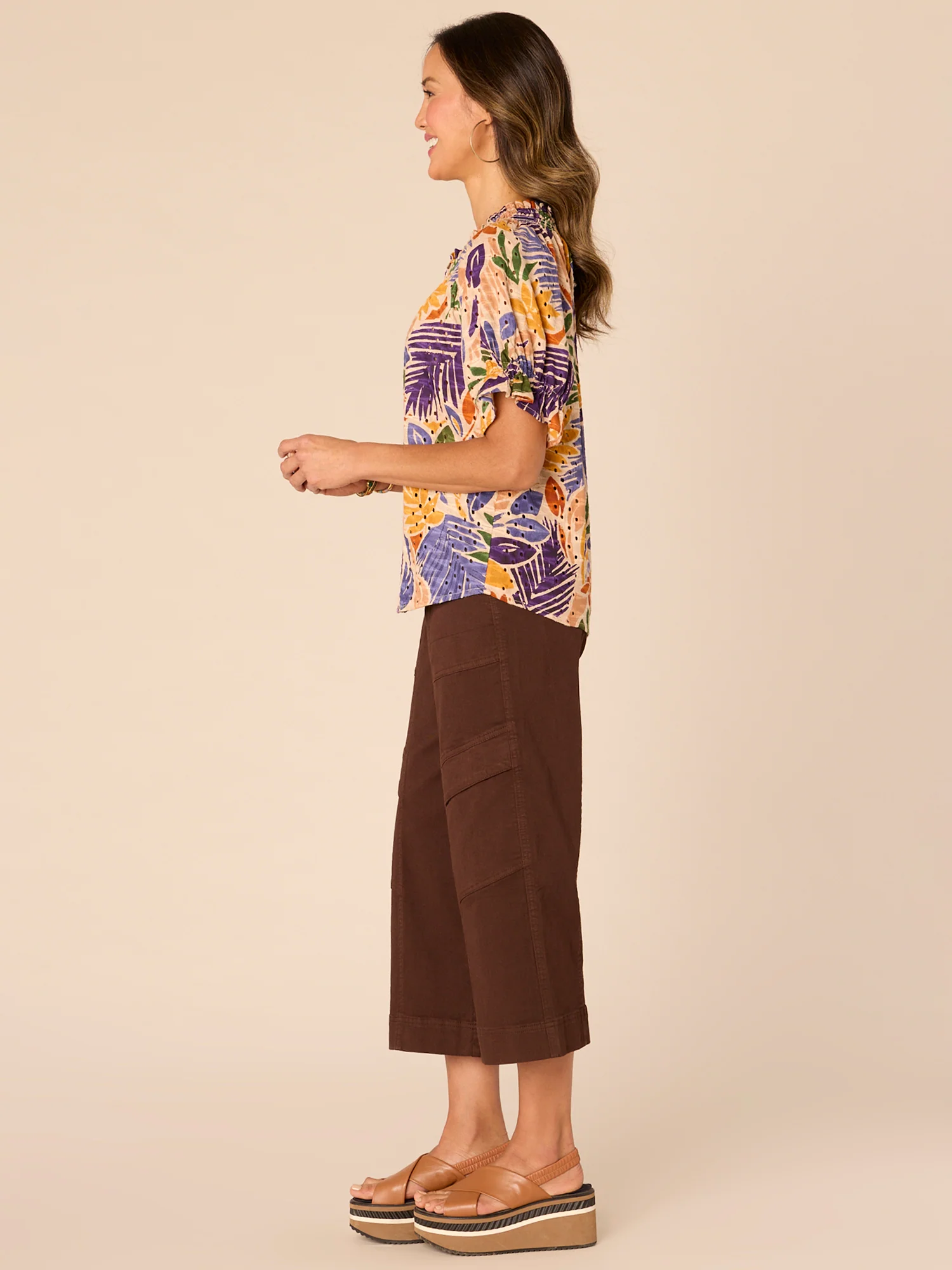 Half Smocked Short Sleeve Round Neck Printed Plus Size Woven Top - Legahigh