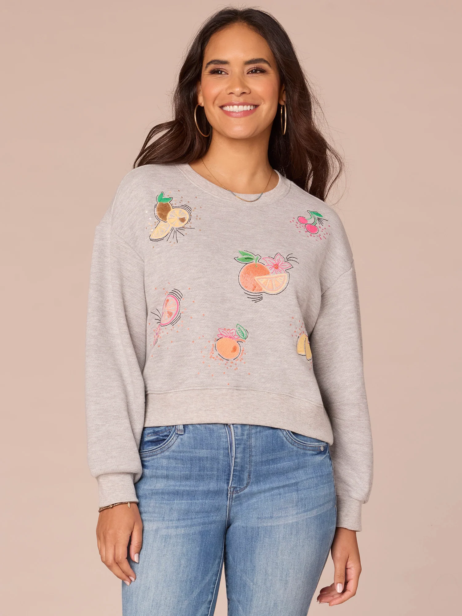 Three Quarter Sleeve Scoop Neck Embroidered Petite Knit Sweatshirt - Legahigh