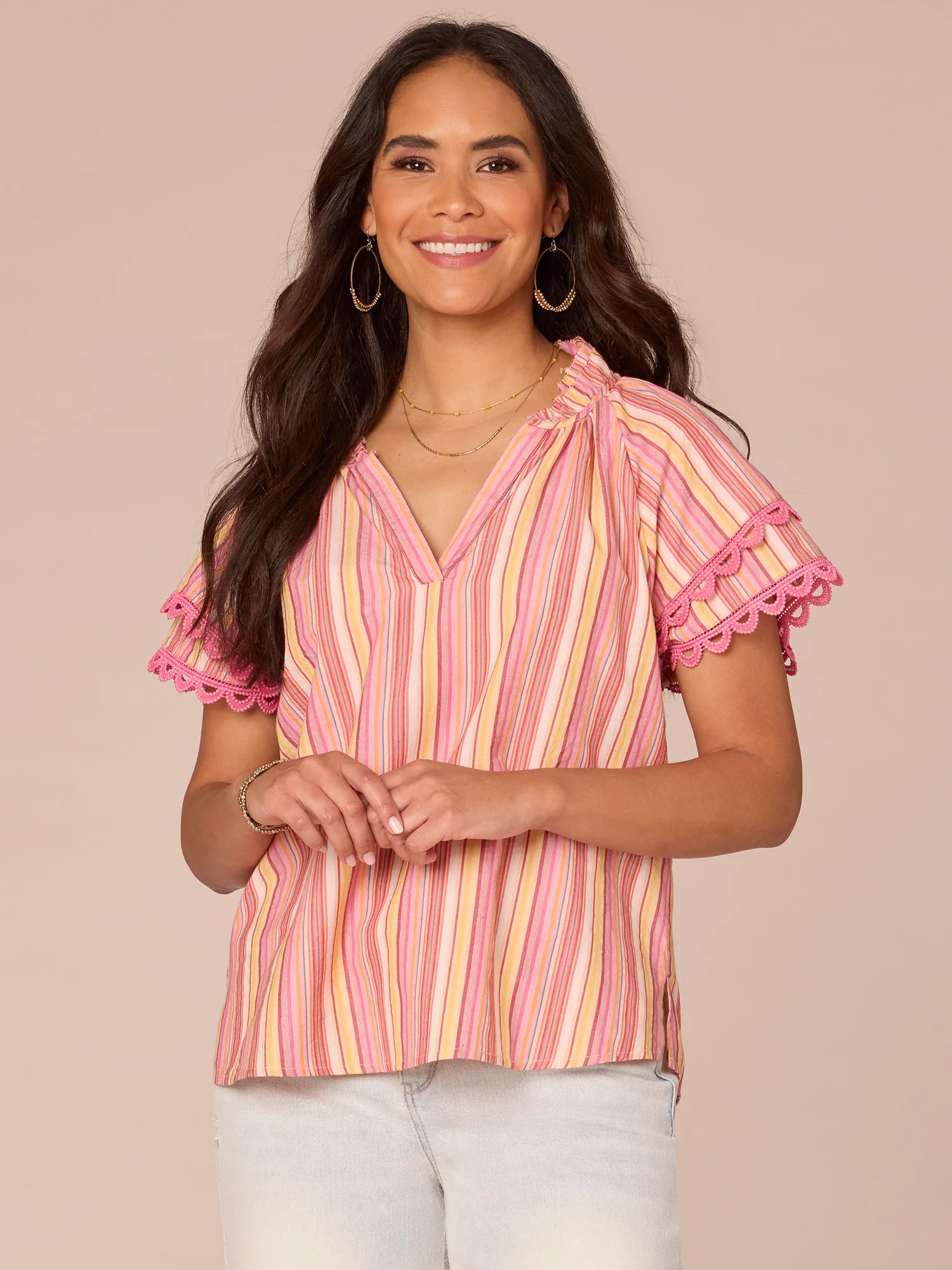 Short Double Flounce Sleeve Stand Collar V-Placket Stripe Woven Top - Legahigh