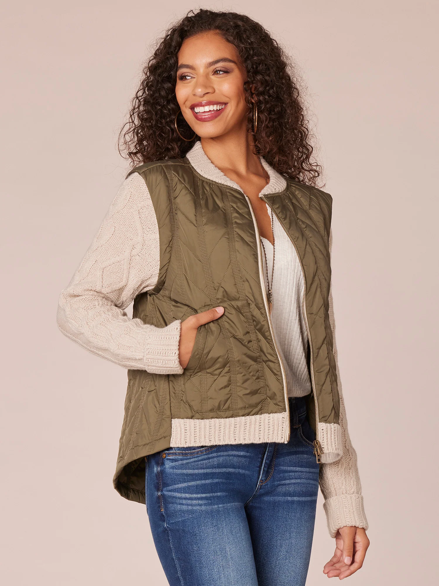 Long Sleeve Mock Neck Zip Front Quilted Vest Jacket with Patch Pockets - Legahigh