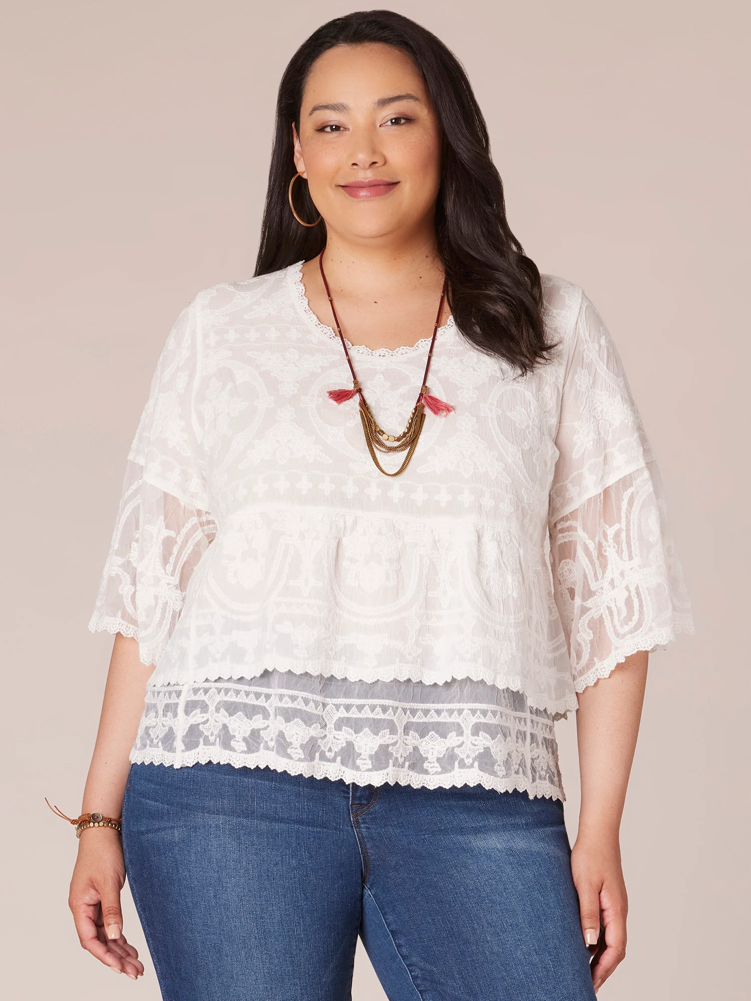 Three Quarter Sleeve Scoop Neck Flounce Peplum Hem Plus Size Woven Top - Legahigh