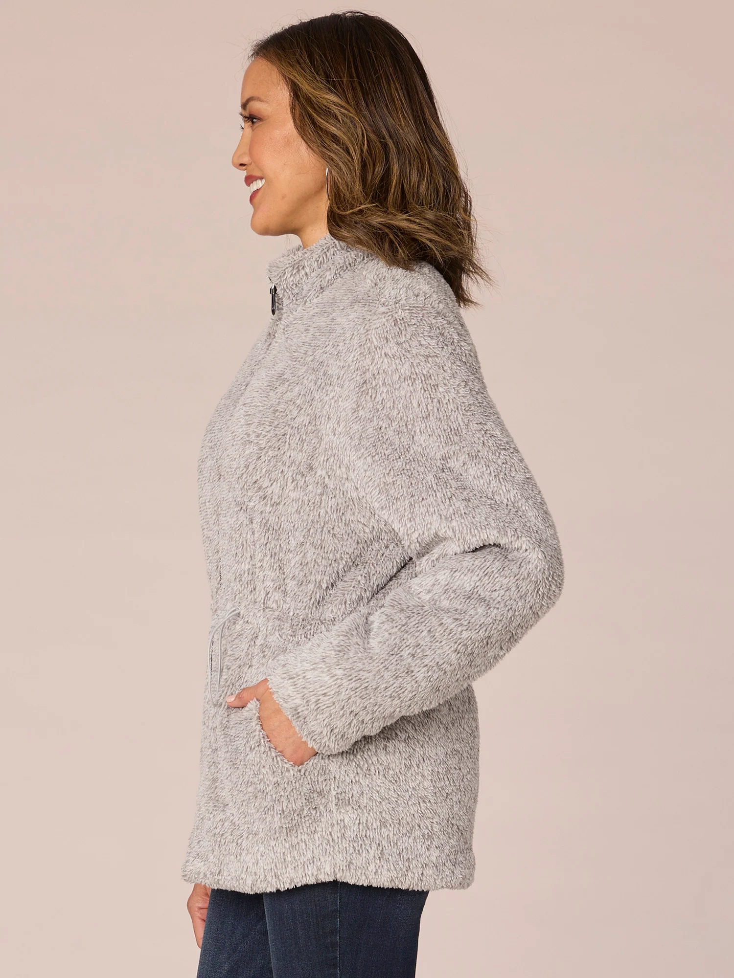 Long Sleeve Stand Collar Zip Front Drawstring Waist Petite Fur Jacket - Legahigh