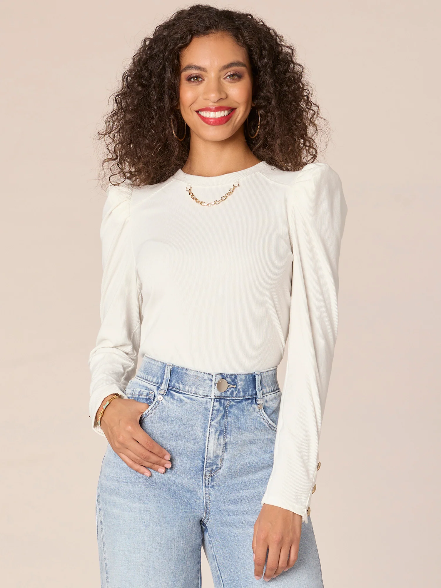 Long Sleeve Crew Neck Button Placket Knit Top with Chain Detail - Legahigh