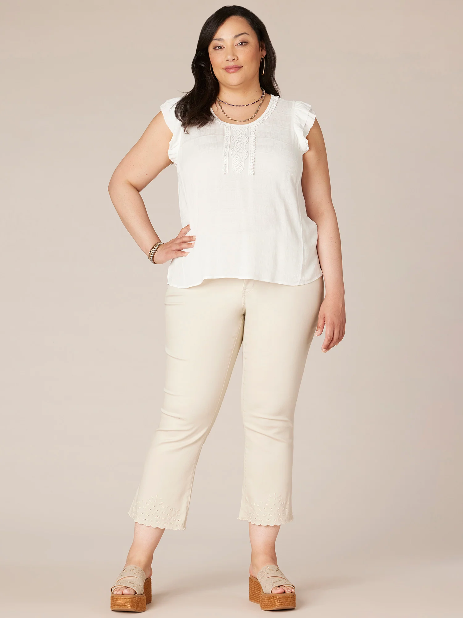 Double Ruffle Cap Sleeve Fringe Trim U-Neck Plus Size Woven Tank Top ...