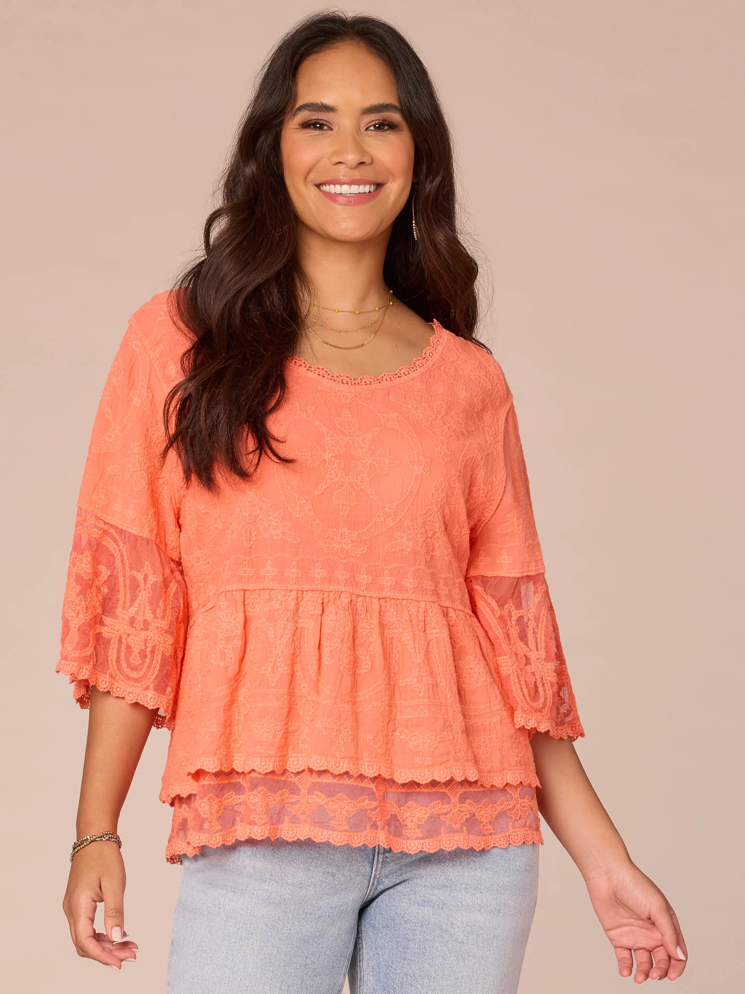 Three Quarter Bell Sleeve Scoop Neck Double Flounce Hem Woven Top - Legahigh