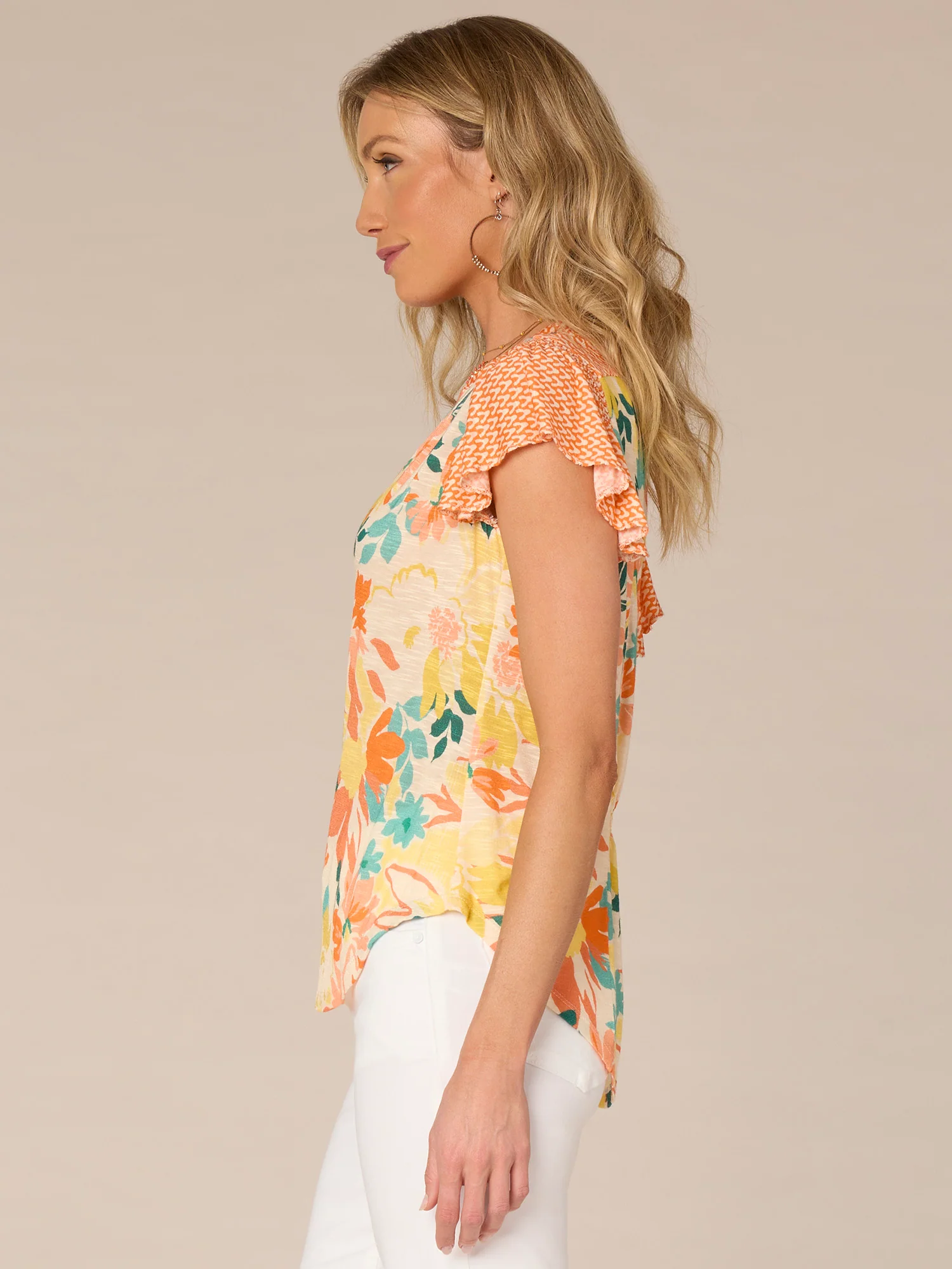 Short Flutter Sleeve Mandarin Collar V-Neck Floral Print Knit Top - Legahigh
