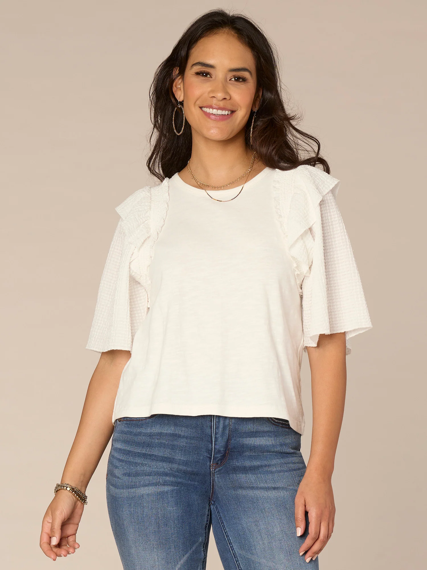 Smock Short Sleeve Ruffle Shoulder Round Neck Mixed Media Top - Legahigh