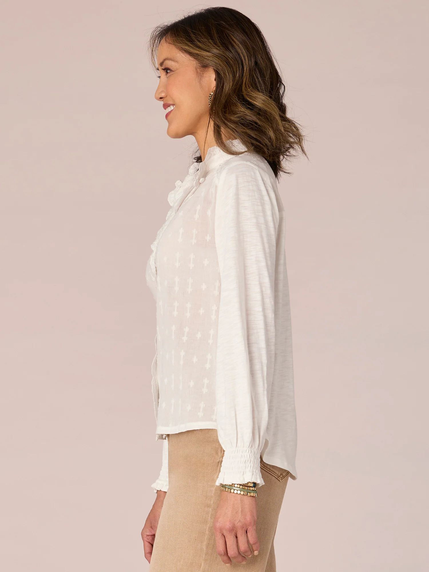 Three Quarter Smocked Sleeve Cascading Scallop Edge Button Down Shirt - Legahigh