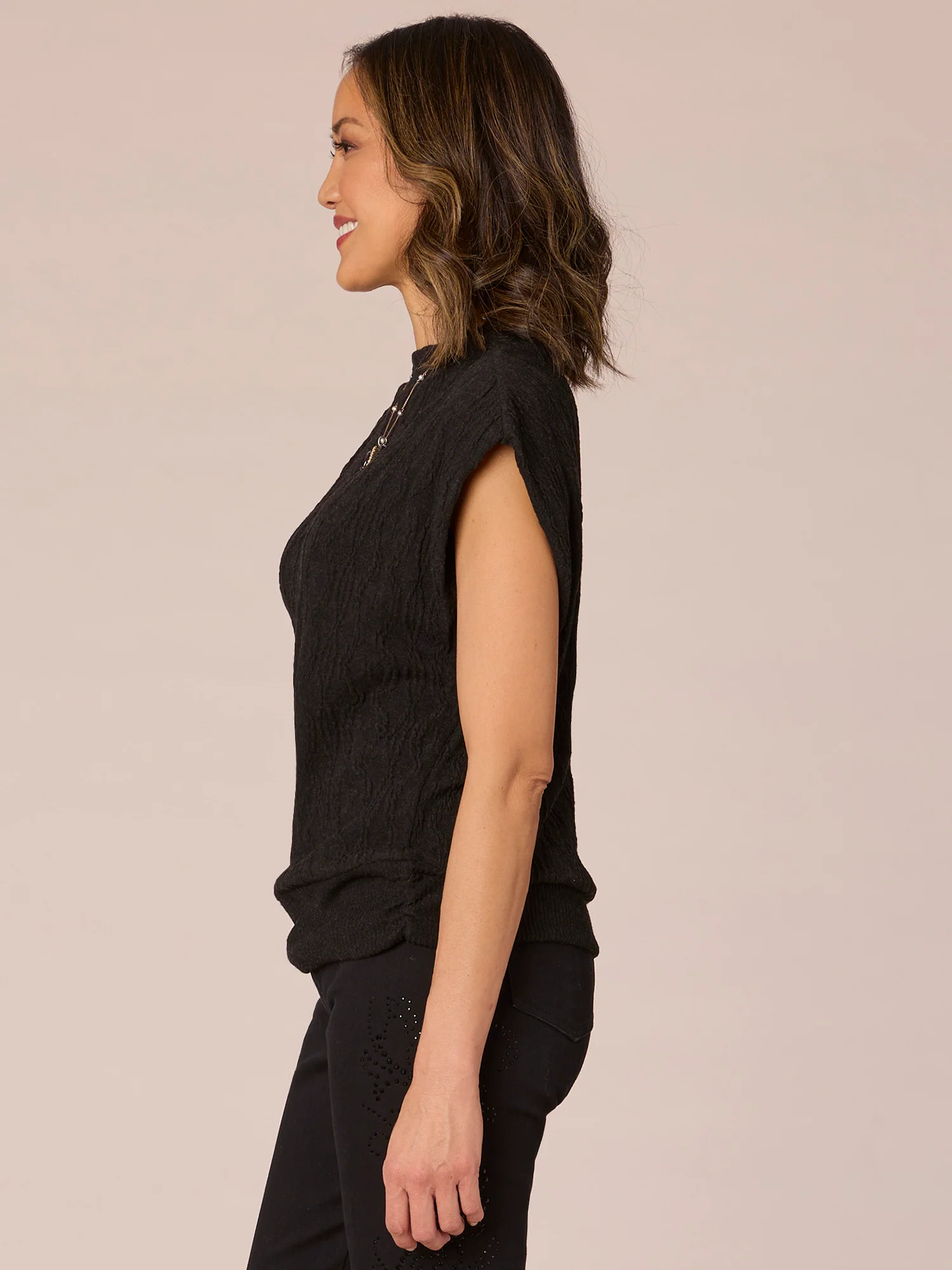 Extended Sleeve Mock Neck Banded Hem Mixed Media Knit Top - Legahigh