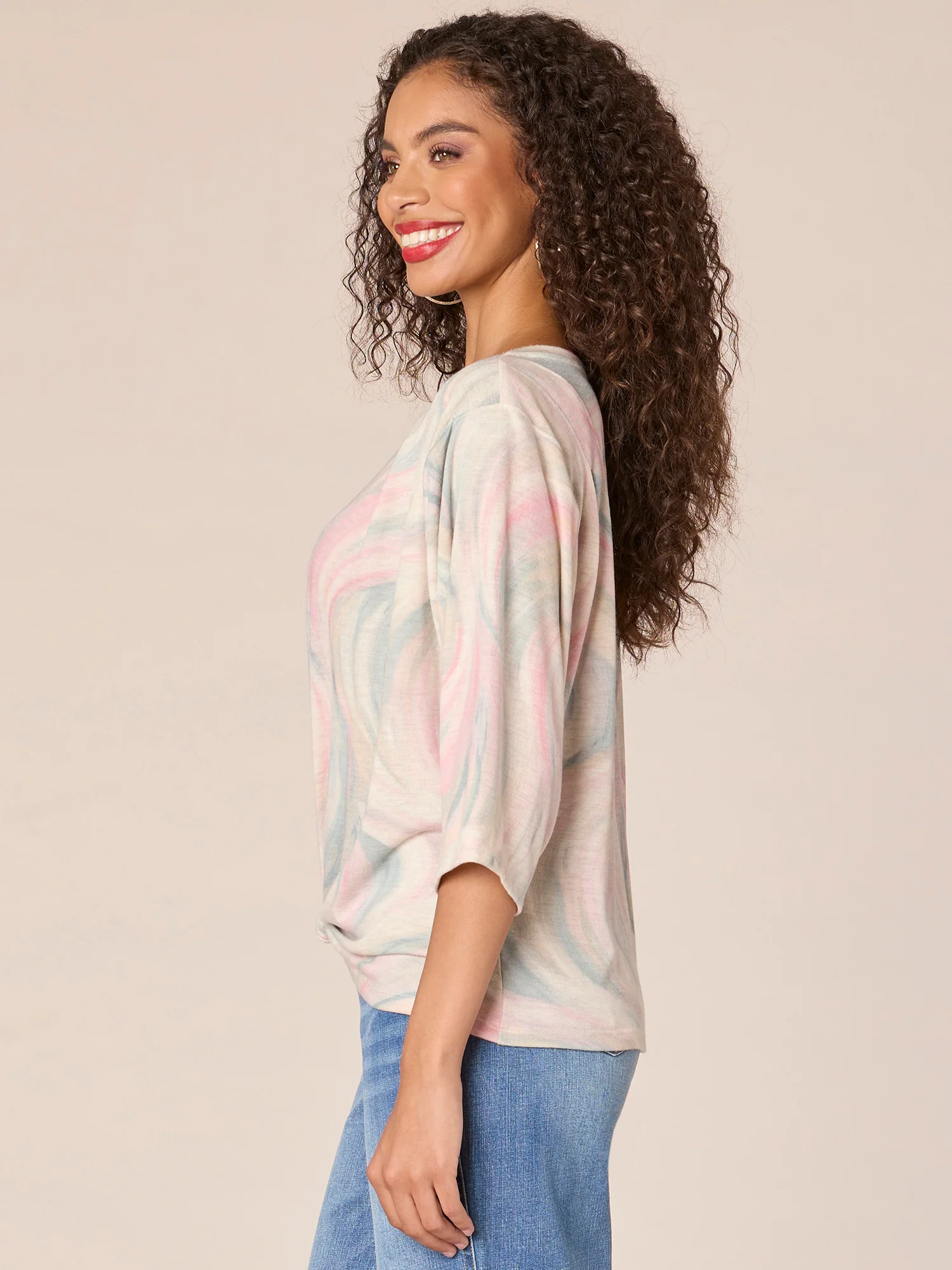 Three Quarter Sleeve Boatneck Knot Hem Abstract Print Knit Top - Legahigh