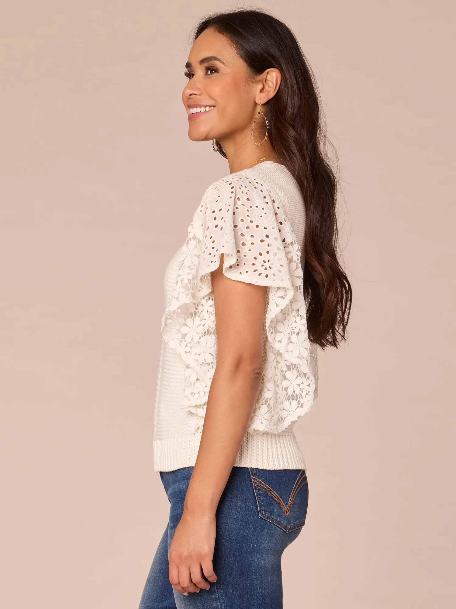 Embroidered Short Flutter Sleeve V-Neck Mixed Media Petite Top - Legahigh